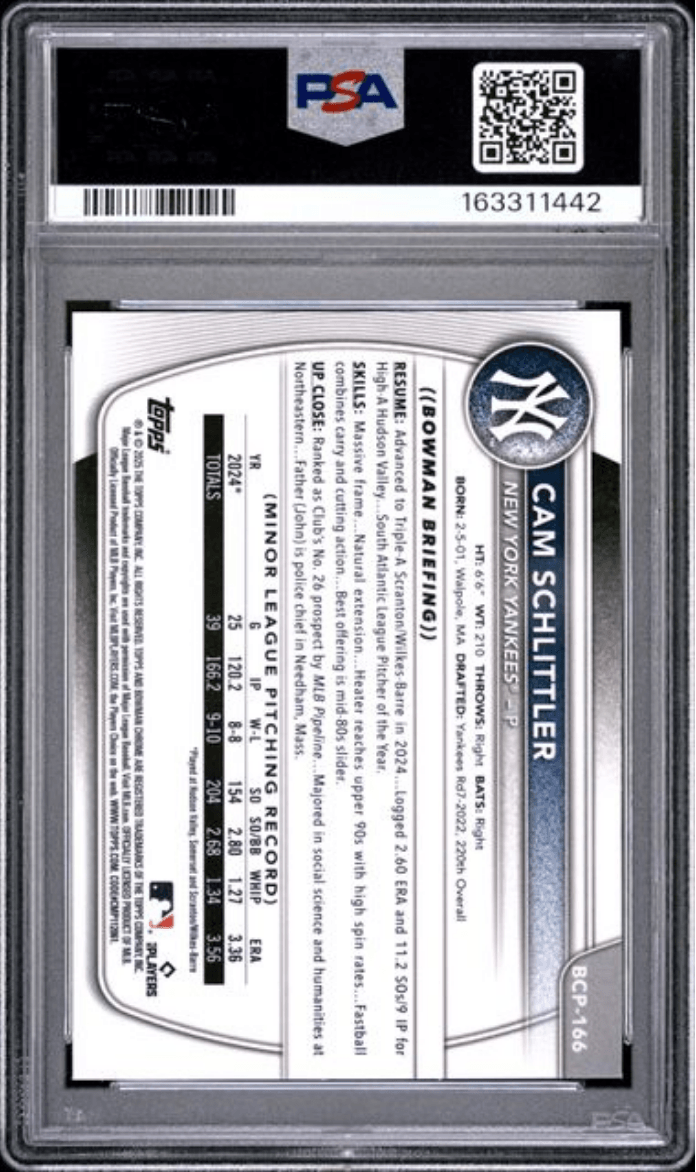 Graded 2025 Topps Bowman Chrome Cam Schlittler #BCP166 Prospects Rookie RC Baseball Card PSA 10 Gem Mint