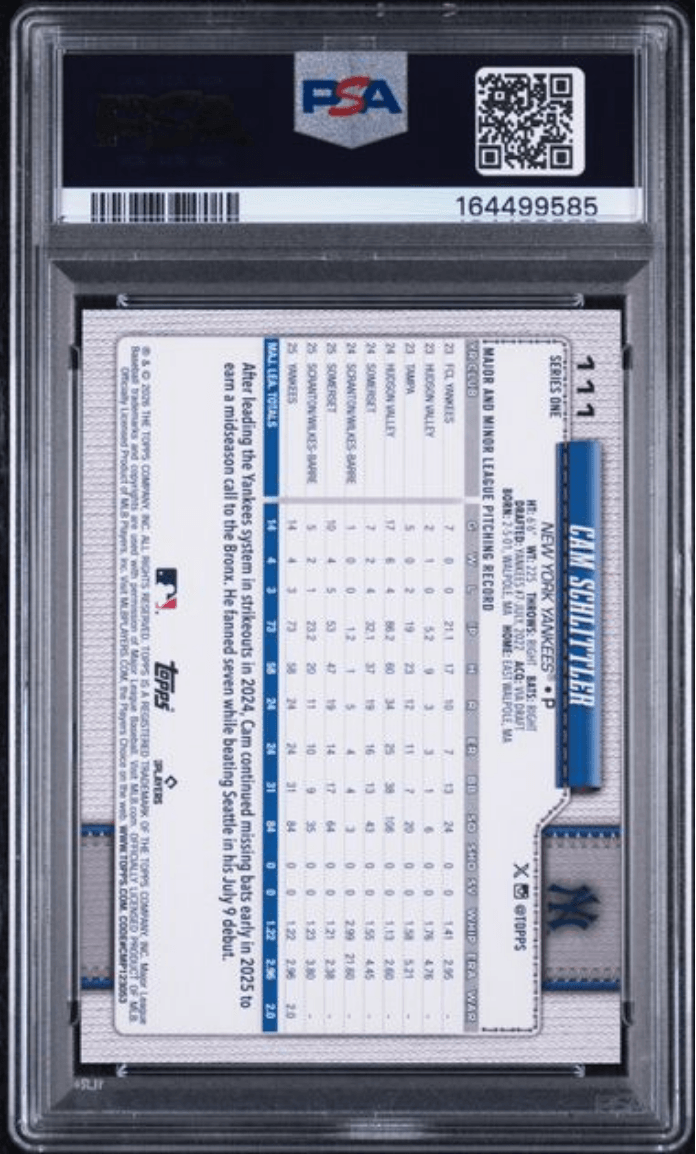 Graded 2026 Topps Cam Schlittler #111 Rookie RC Baseball Card PSA 9 Mint