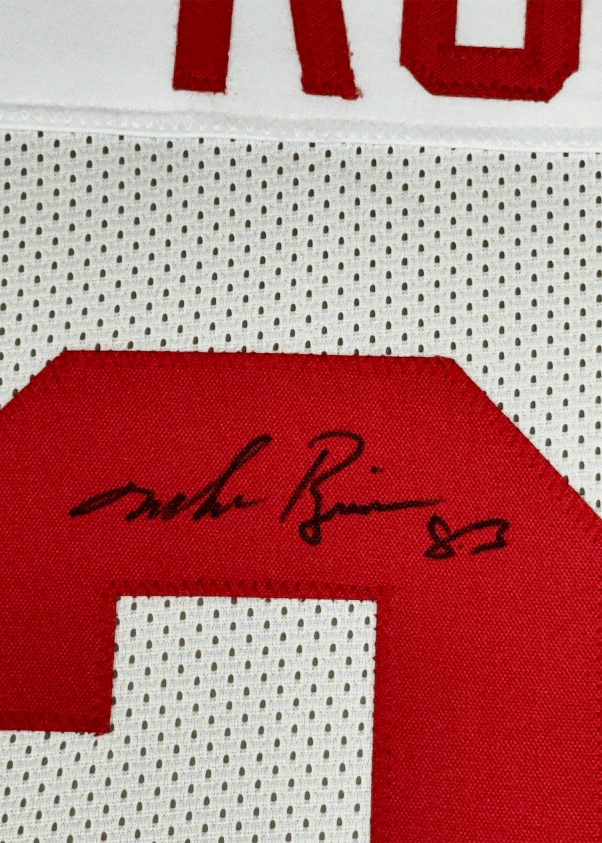 Framed Autographed/Signed Mike Rozier 35x39 Nebraska White College Football Jersey JSA COA