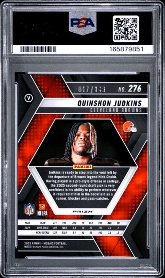Graded 2025 Panini Mosaic Quinshon Judkins #276 Silver Knight /149 Rookie RC Football Card PSA 10 Gem Mint
