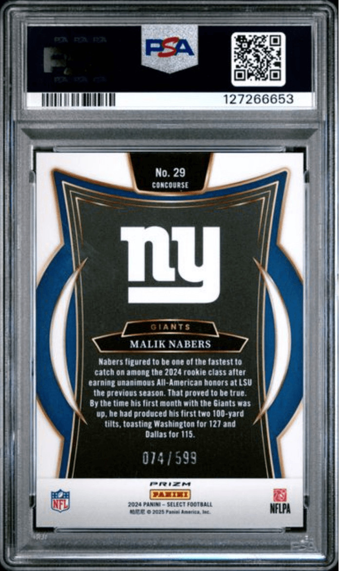 Graded 2024 Panini Select Malik Nabers #29 Neon Green Shock /599 Rookie RC Football Card PSA 10 Gem Mint