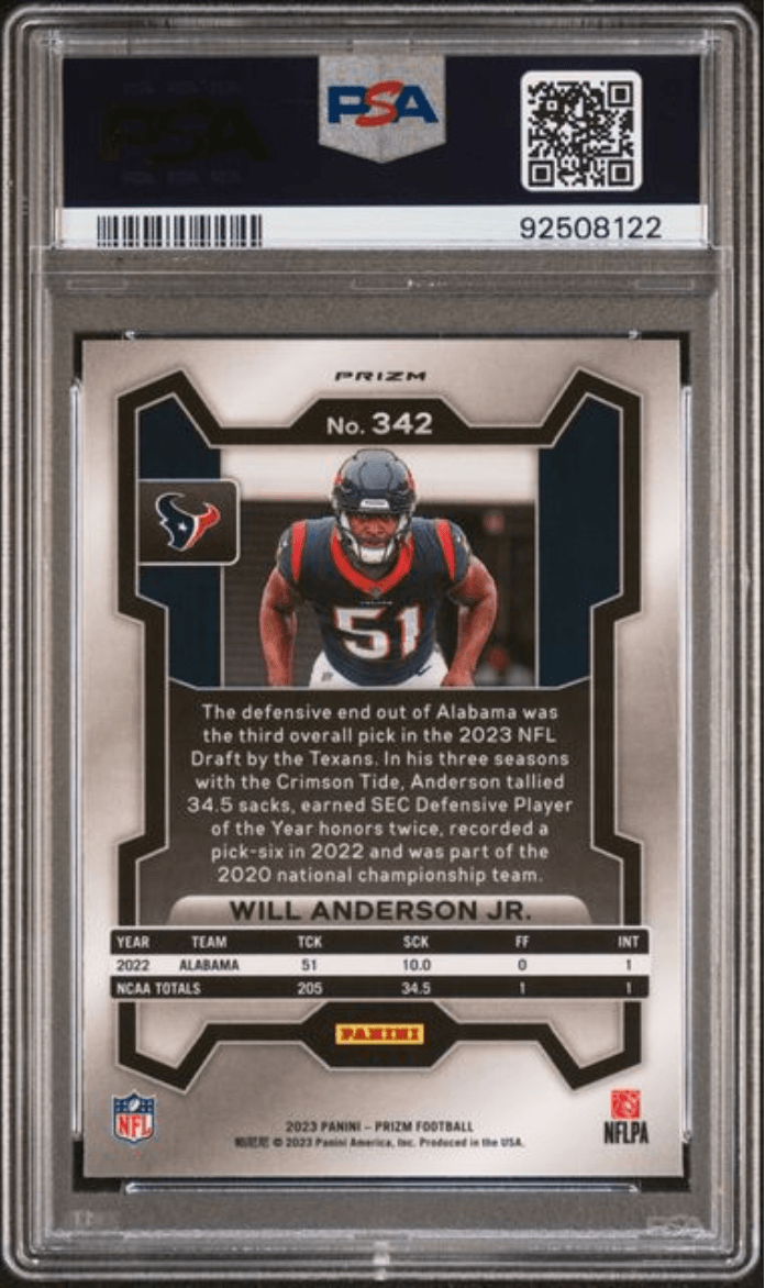 Graded 2023 Panini Prizm Will Anderson Jr #342 Green Wave Rookie RC Football Card PSA 10 Gem Mint