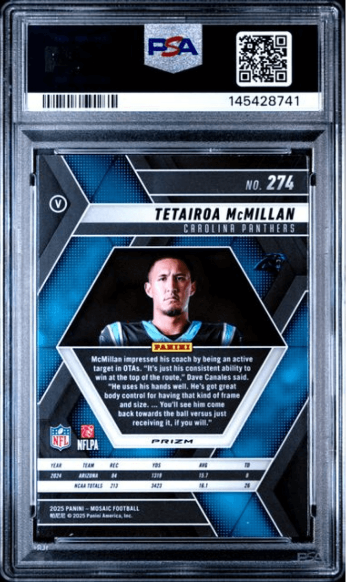 Graded 2025 Panini Mosaic Tetairoa McMillan #274 Red Camo Rookie RC Football Card PSA 10 Gem Mint