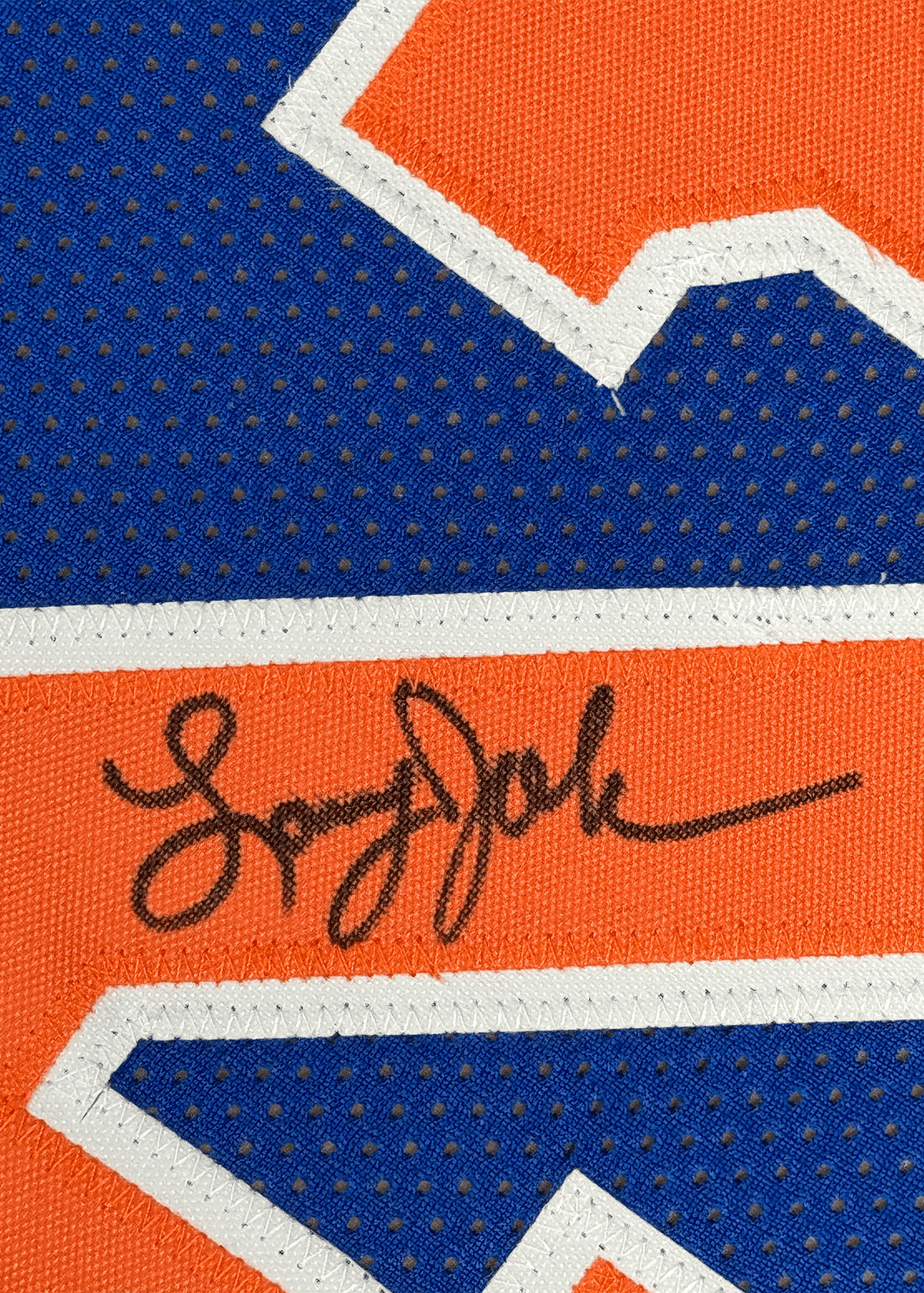 Framed Autographed/Signed Larry Johnson 35x39 New York Blue Basketball Jersey PSA/DNA COA