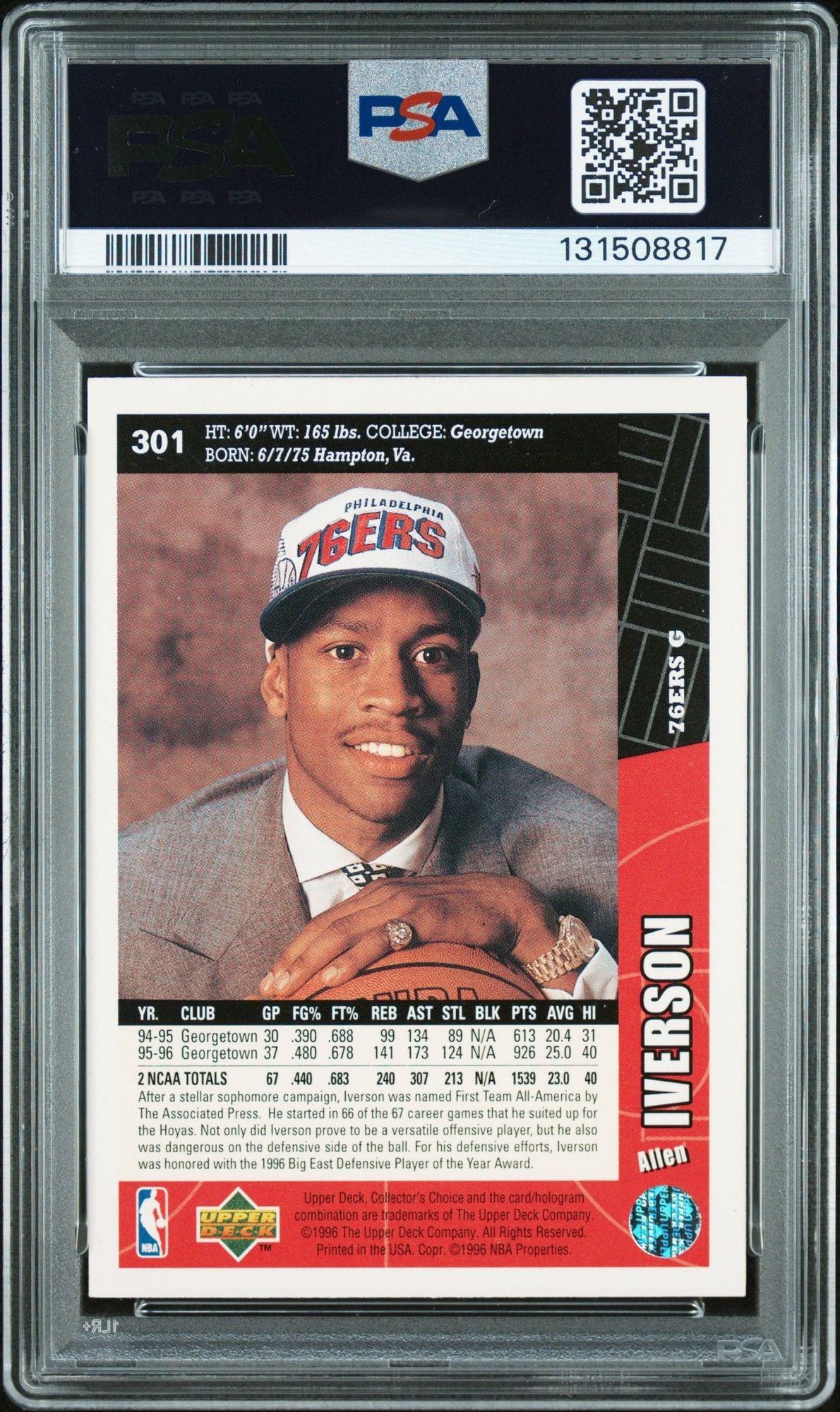Graded 1996 Upper Deck UD Collector's Choice Allen Iverson #301 Rookie RC Basketball Card PSA 10 Auto Grade Gem Mint
