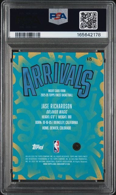 Graded 2025 Topps Finest Jase Richardson #A25 Arrivals Blue Refractor /99 Rookie RC Basketball Card PSA 10 Gem Mint