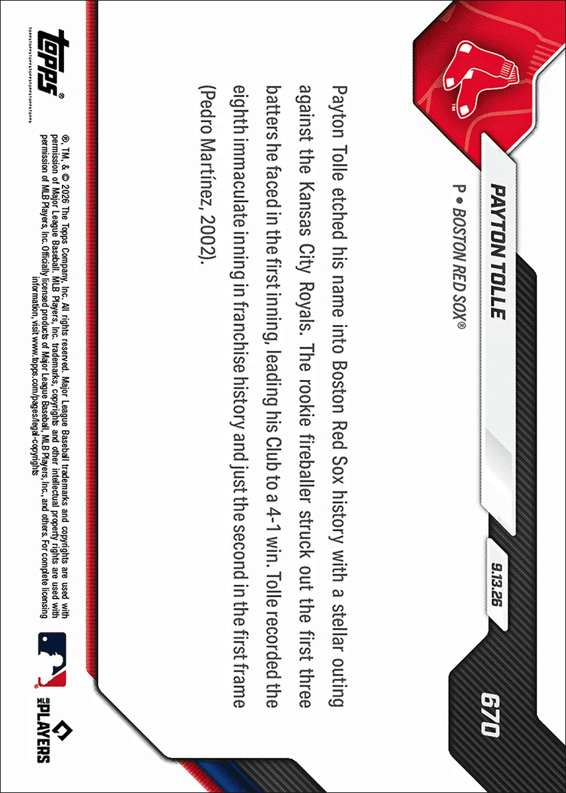 2026 Topps Now Payton Tolle #670 Orange Foil /25 1st Frame Gem Marks Clubs 8th Immaculate Inning Boston Red Sox Rookie RC Baseball Card