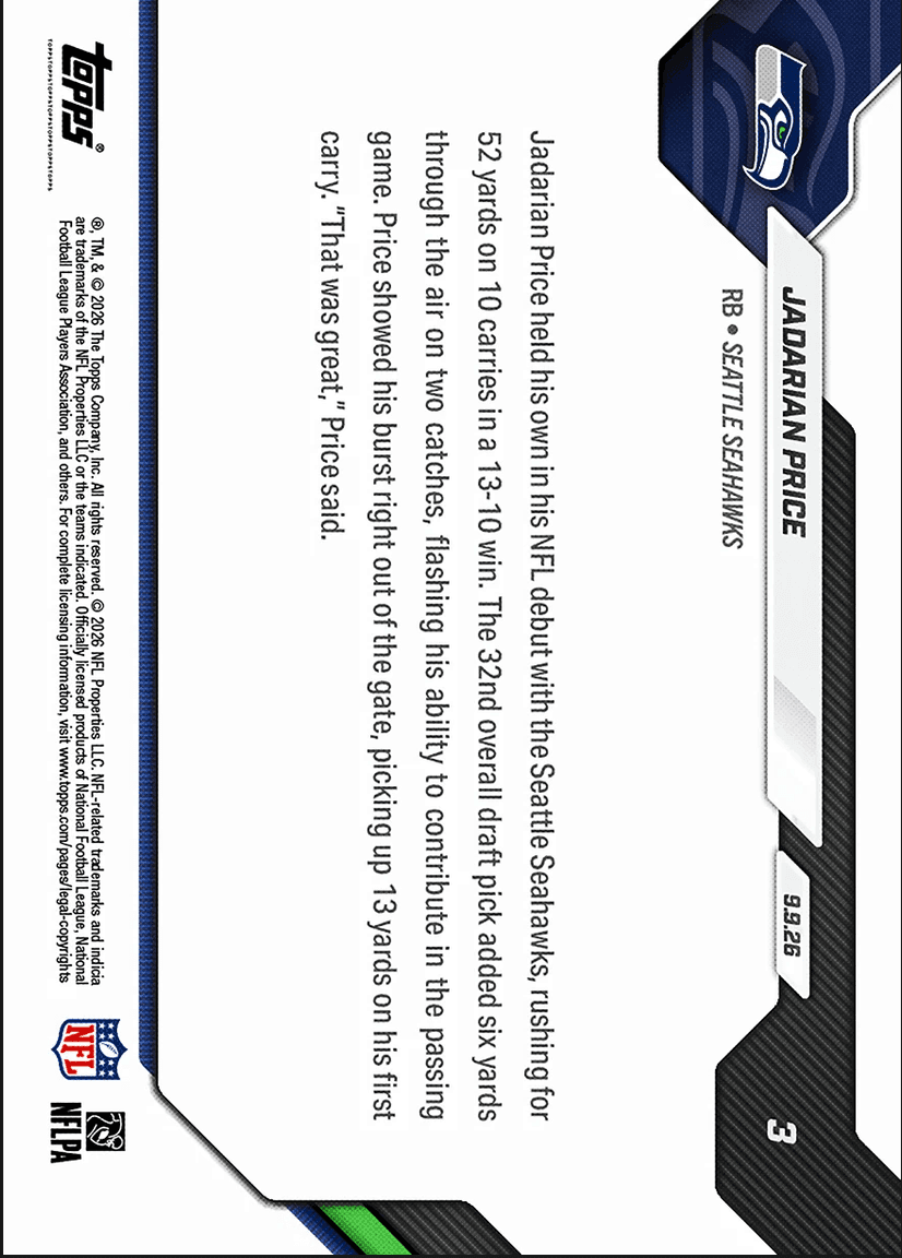2026 Topps Now Jadarian Price #3 Gold Foil /50 1st Round Pick Leads Rushing Attack in NFL Debut Seattle Seahawks Rookie RC Football Card