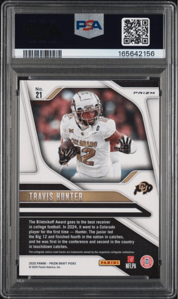 Graded 2025 Panini Prizm Draft Picks Travis Hunter #21 Purple Wave Rookie RC Football Card PSA 8 Near Mint