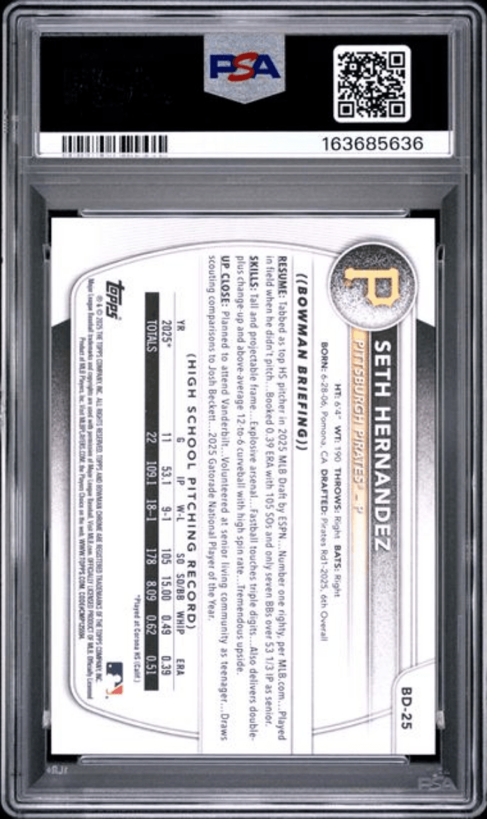 Graded 2025 Topps Bowman Draft Seth Hernandez #BD25 Rookie RC Baseball Card PSA 8 Near Mint