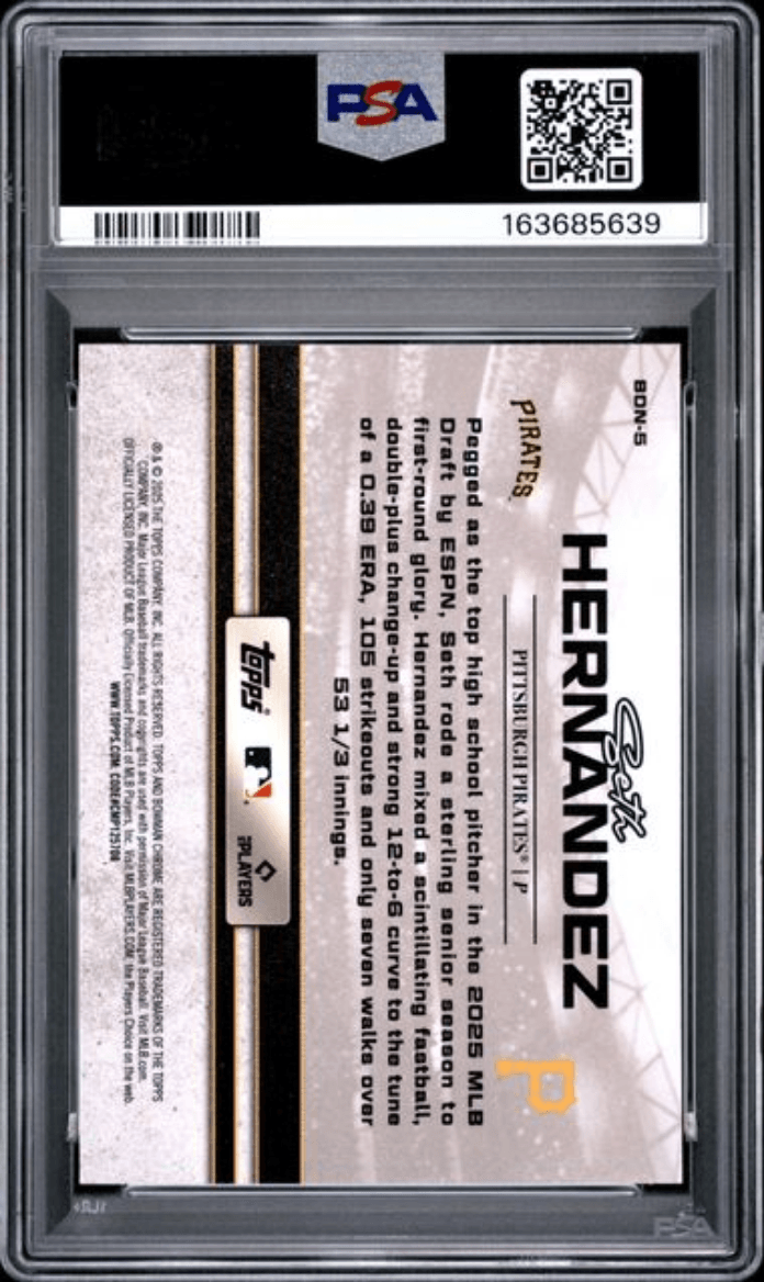Graded 2025 Topps Bowman Draft Seth Hernandez #BDN5 Bowman Draft Night Rookie RC Baseball Card PSA 10 Gem Mint