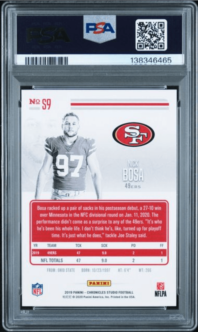 Graded 2019 Panini Chronicles Nick Bosa #S9 Studio Rookie RC Football Card PSA 10 Gem Mint