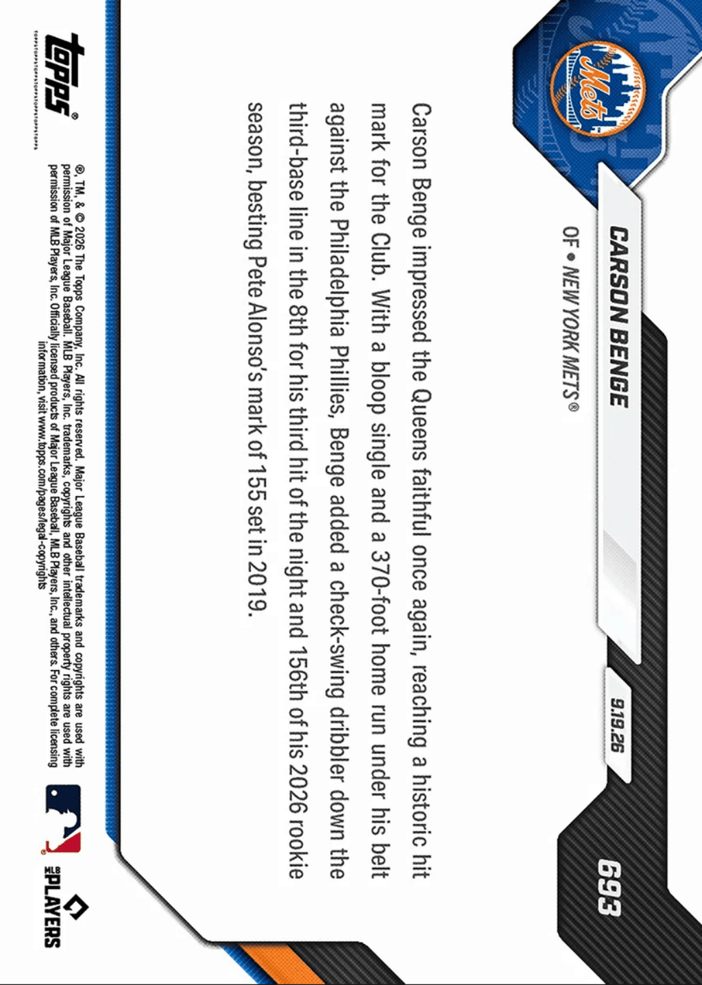 2026 Topps Now Carson Benge #693 Gold Foil /50 Breaks Mets All Time Rookie Mark with 156th Hit New York Mets Rookie RC Baseball Card