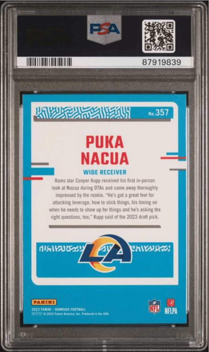 Graded 2023 Panini Donruss Puka Nacua #357 Press Proof Blue Rookie RC Football Card PSA 10 Gem Mint