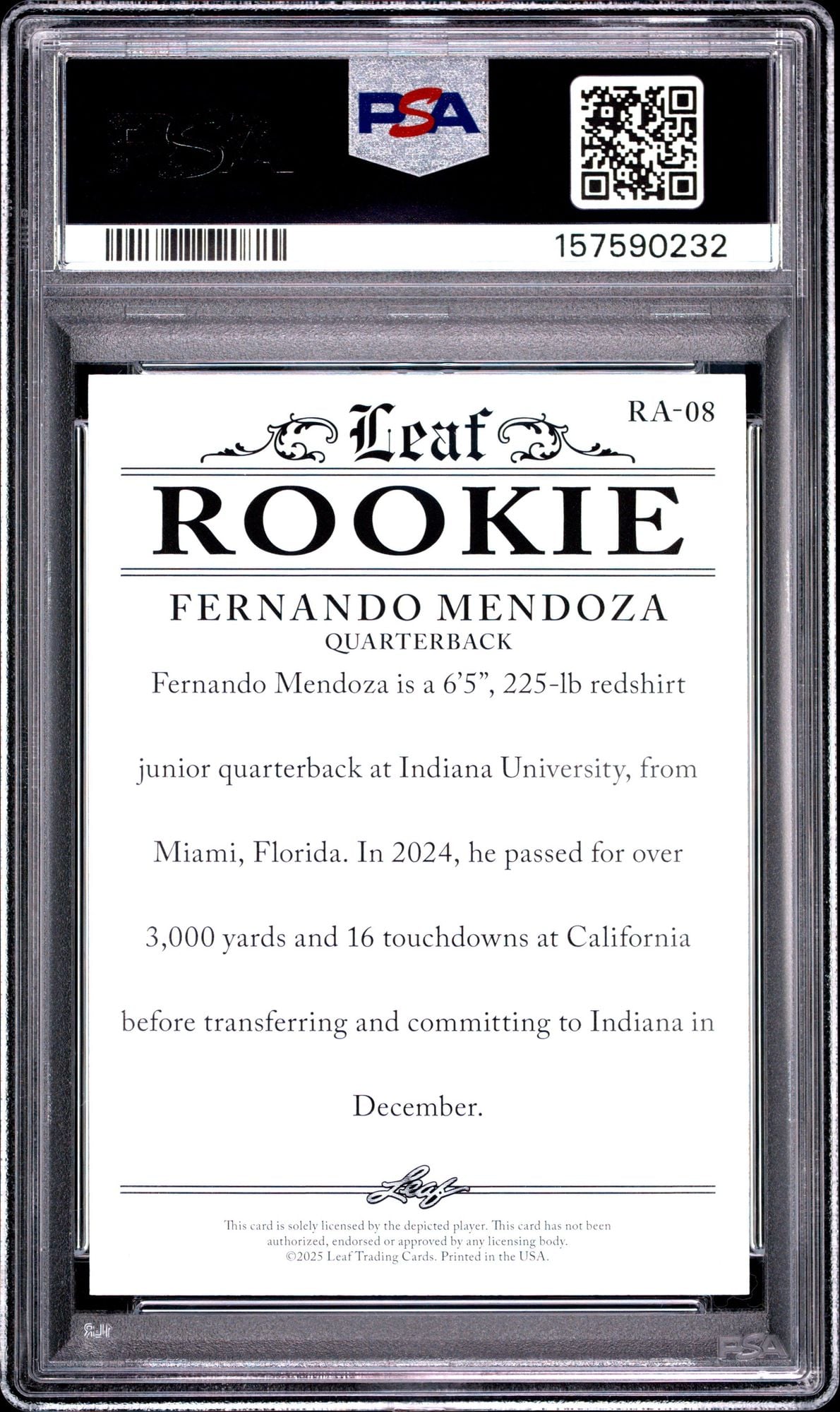 Graded 2025 Leaf Special Release Fernando Mendoza #RA08 Rookie Achievement RC Football Card PSA 10 Gem Mint