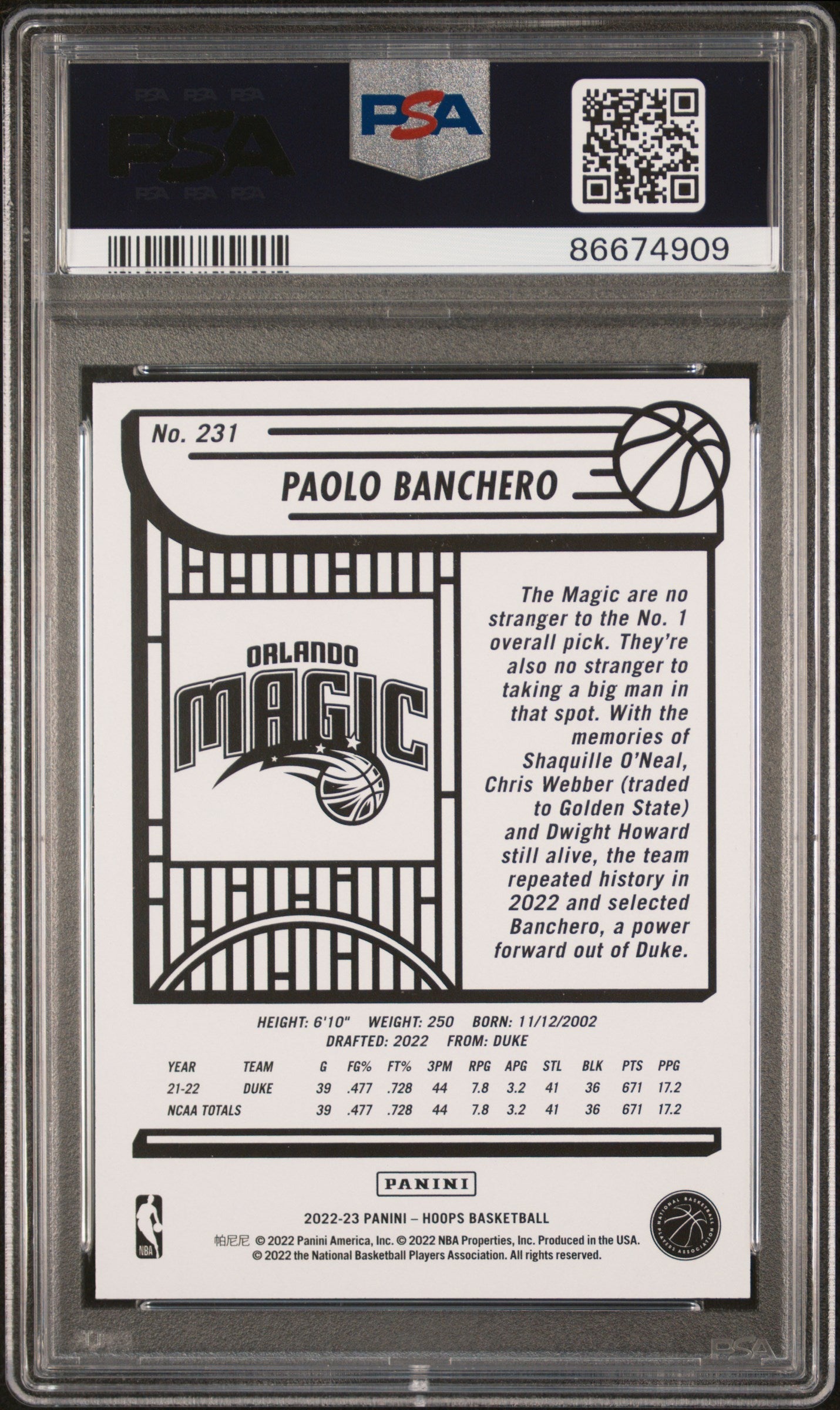 Graded 2022 Panini NBA Hoops Paolo Banchero #231 Rookie RC Basketball Card PSA 8 Near Mint