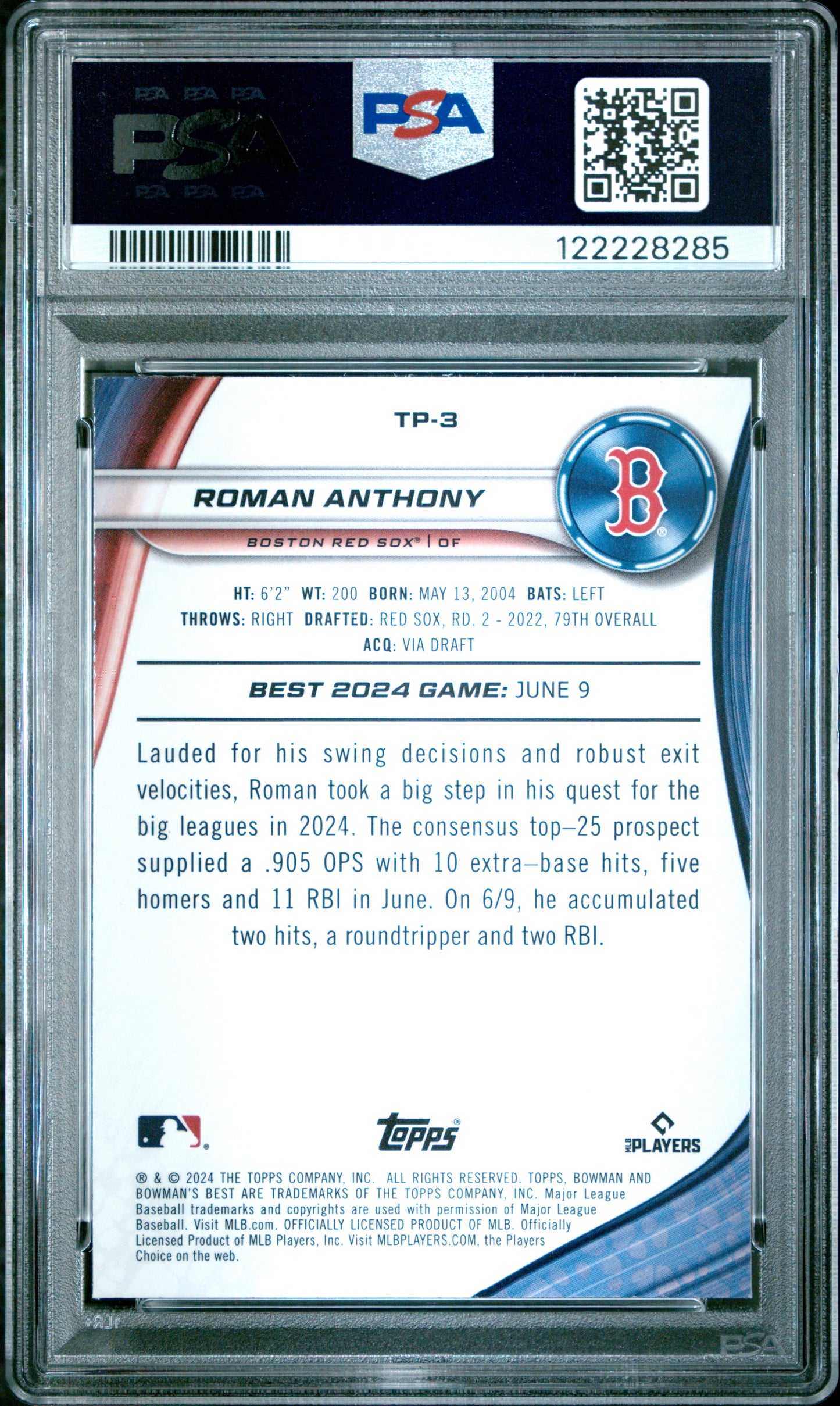 Graded 2024 Topps Bowmans Best Roman Anthony #TP3 Top Prospects Rookie RC Baseball Card PSA 9 Mint