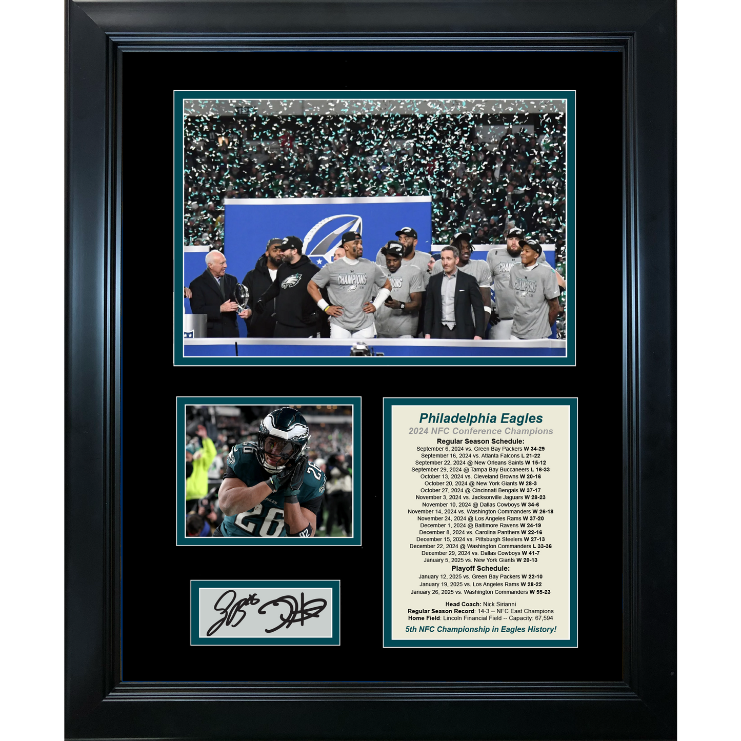 Framed 2024 Philadelphia Eagles NFC Champions Saquon Barkley Jalen Hurts Facsimile Laser Engraved Signature Auto Football 11"x14"Photo Sig Collage