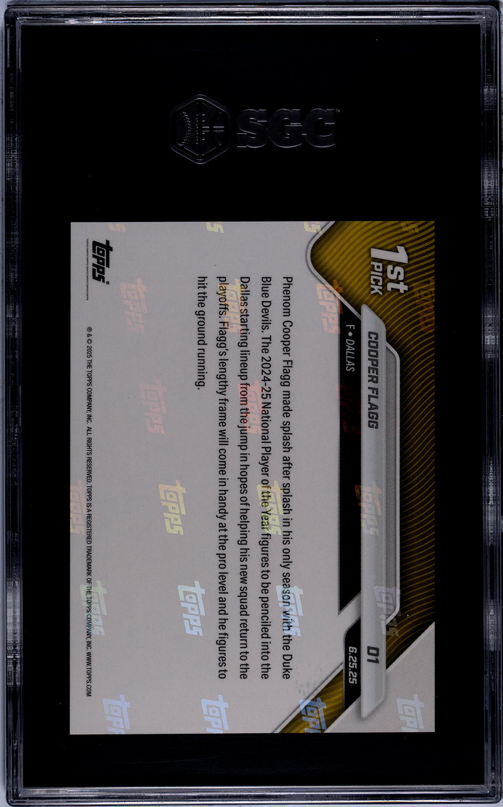 Graded 2025 Topps Now Cooper Flagg #D1 Draft Rookie RC Basketball Card SGC 10 Gem Mint