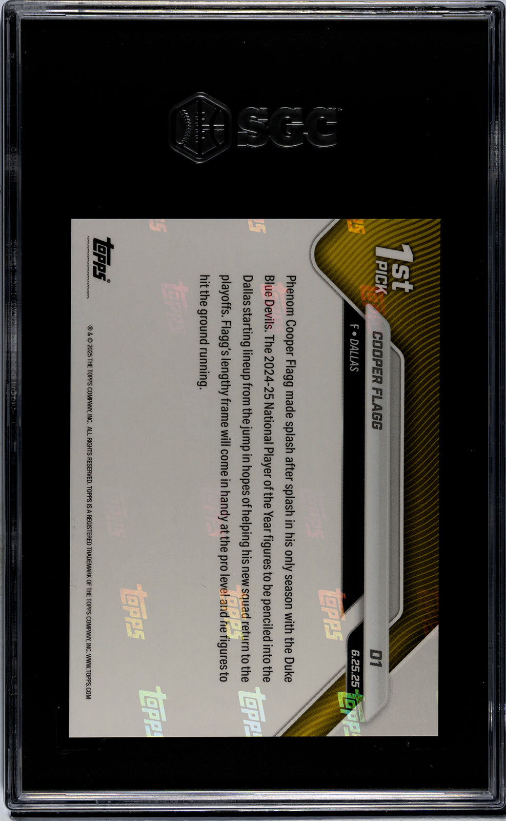Graded 2025 Topps Now Cooper Flagg #D1 Draft Rookie RC Basketball Card SGC 9 Mint