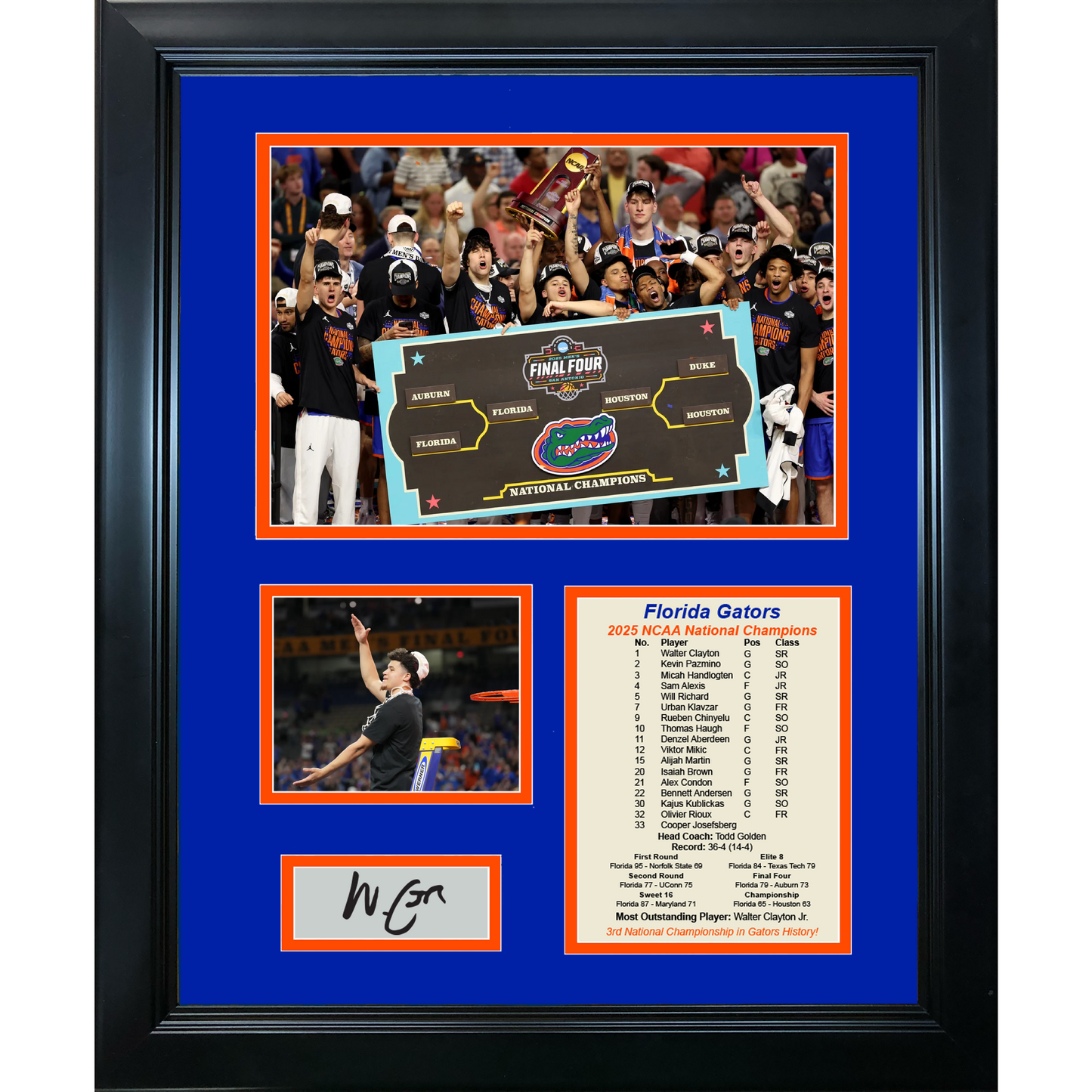Framed Florida Gators 2025 Men's NCAA National Champions Walter Clayton Jr. Facsimile Laser Engraved Signature Auto 11"x14" College Basketball Photo Sig Collage