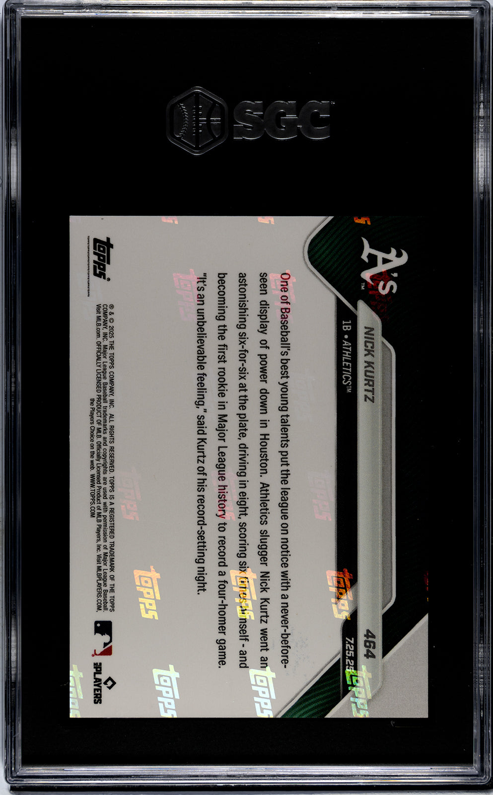 Graded 2025 Topps Now Nick Kurtz #464 1st Rookie in MLB History With a Four Homer Game Rookie RC Baseball Card SGC 9.5 Mint+