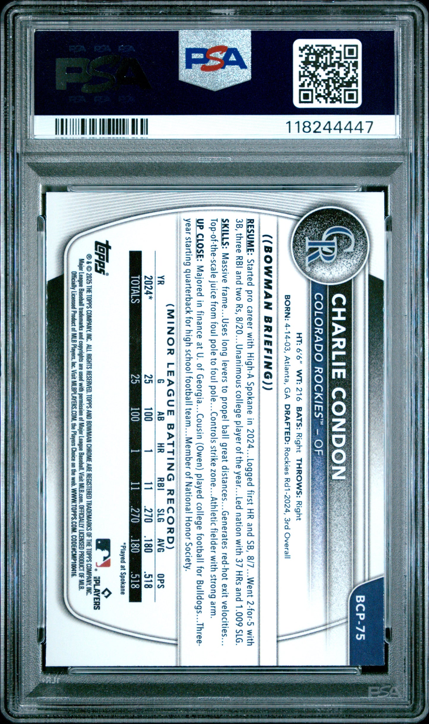 Graded 2025 Topps Bowman Charlie Condon #BCP75 Chrome Prospects Rookie RC Baseball Card PSA 10 Gem Mint
