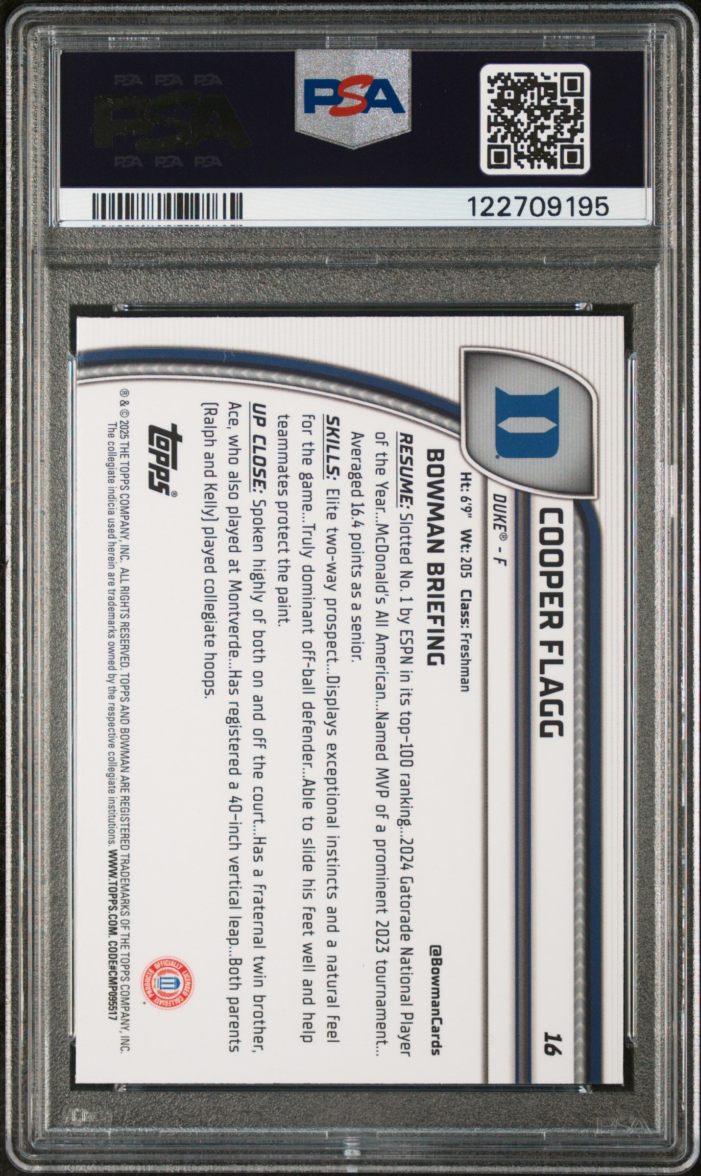 Graded 2024 Topps Bowman U Sapphire Cooper Flagg #16 Rookie RC Basketball Card PSA 10 Gem Mint