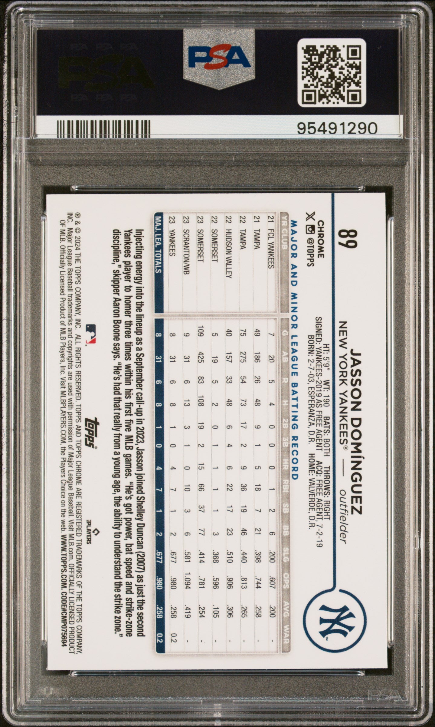 Graded 2024 Topps Chrome Jasson Dominguez #89 Rookie RC Baseball Card PSA 9 Mint