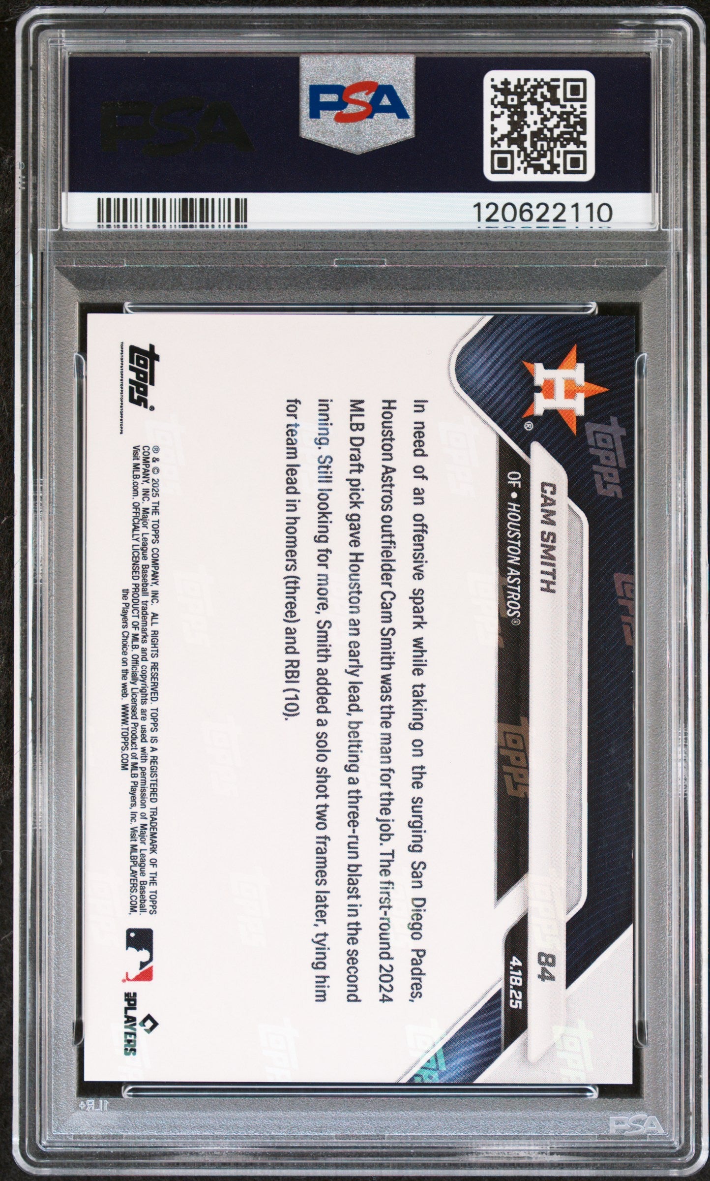 Graded 2025 Topps Now Cam Smith #84 Black Foil /10 Rookie RC Baseball Card PSA 7 Near Mint