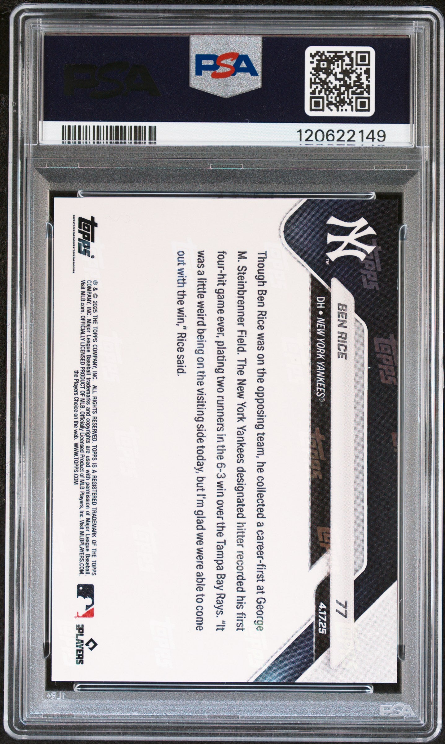 Graded 2025 Topps Now Ben Rice #77 Gold Foil /50 Rookie RC Baseball Card PSA 8 Near Mint