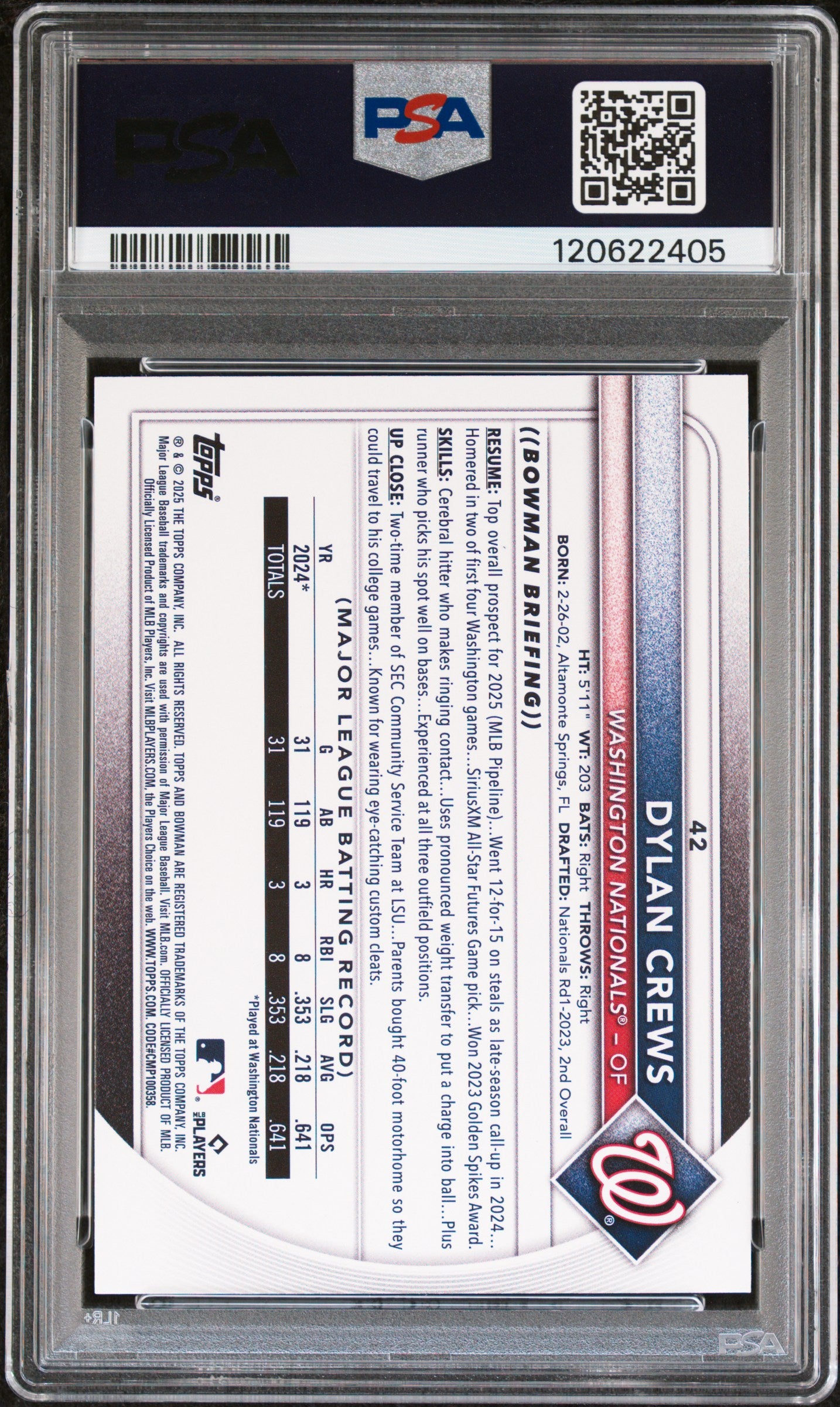 Graded 2025 Topps Bowman Dylan Crews #42 Rookie RC Baseball Card PSA 6 Excellent