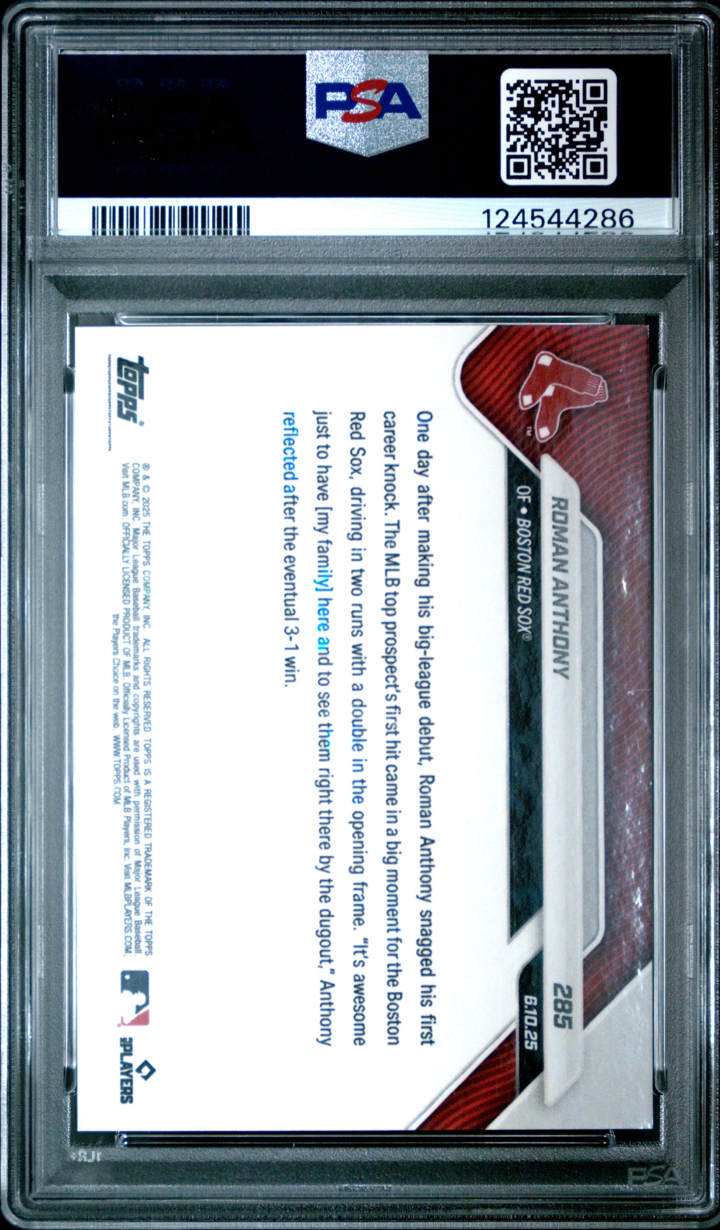Graded 2025 Topps Now Roman Anthony #285 Black Foil /10 Rookie RC Baseball Card PSA 10 Gem Mint