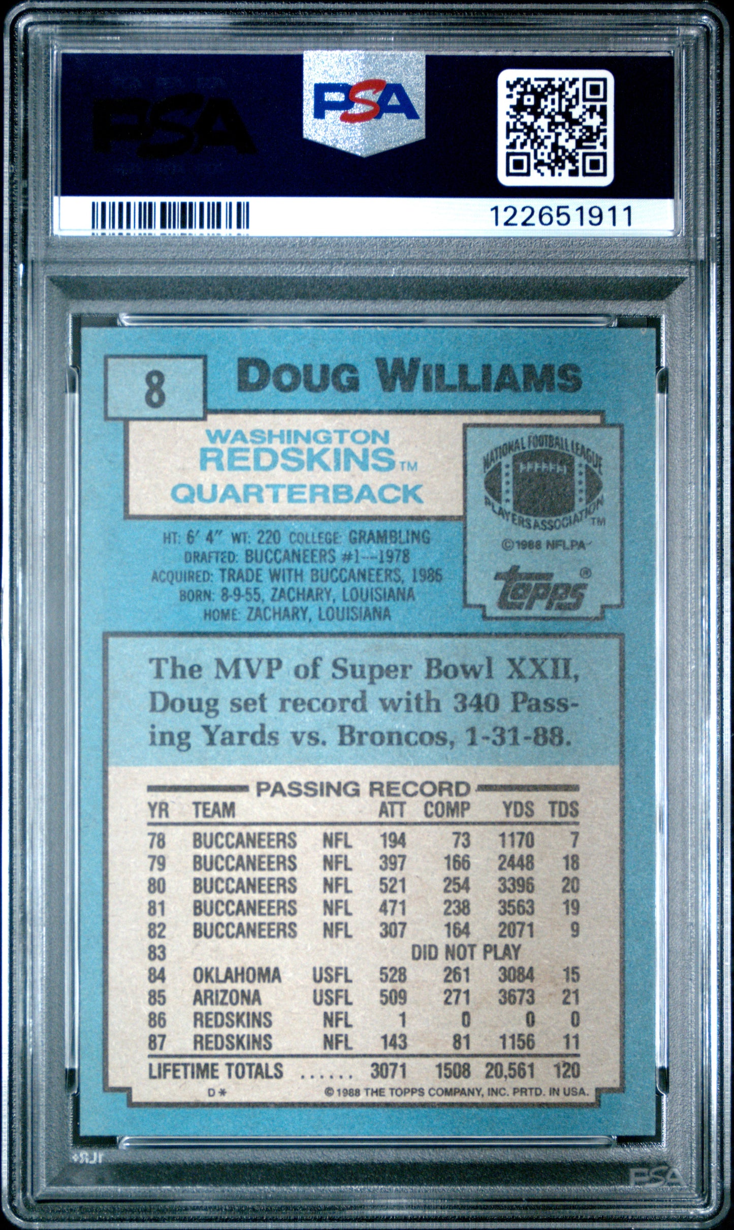 Graded 1988 Topps Doug Williams #8 Football Card PSA 9 Mint