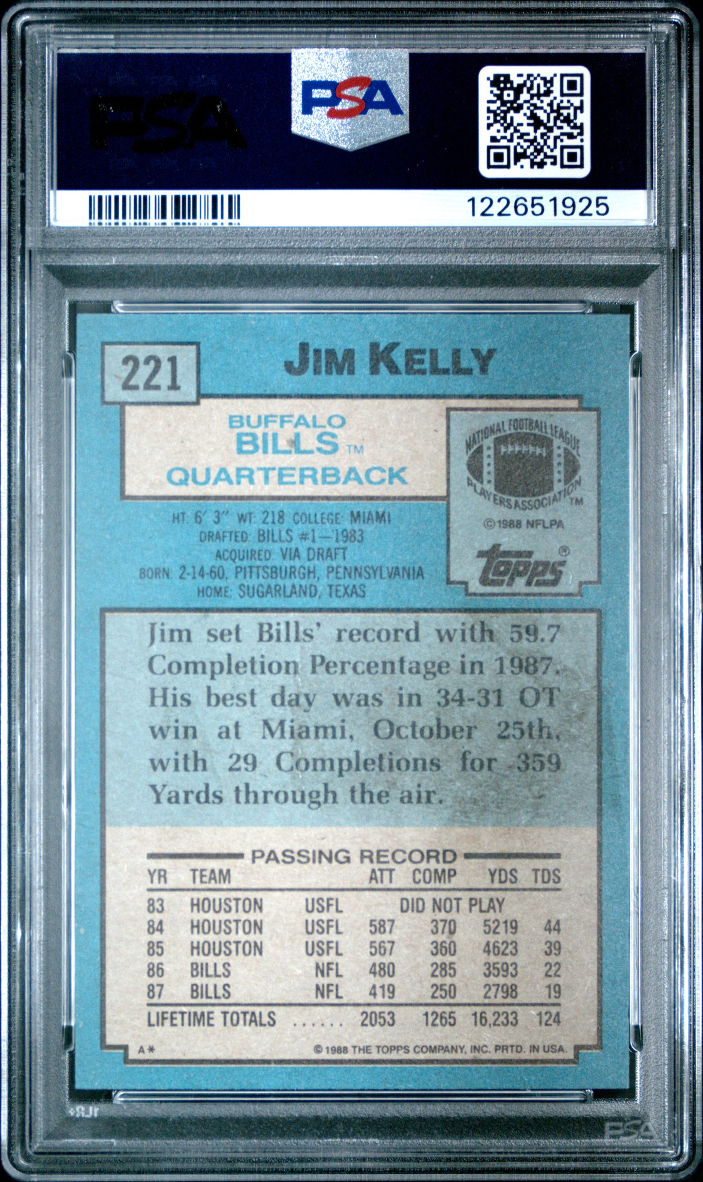 Graded 1988 Topps Jim Kelly #221 Football Card PSA 4 Very Good