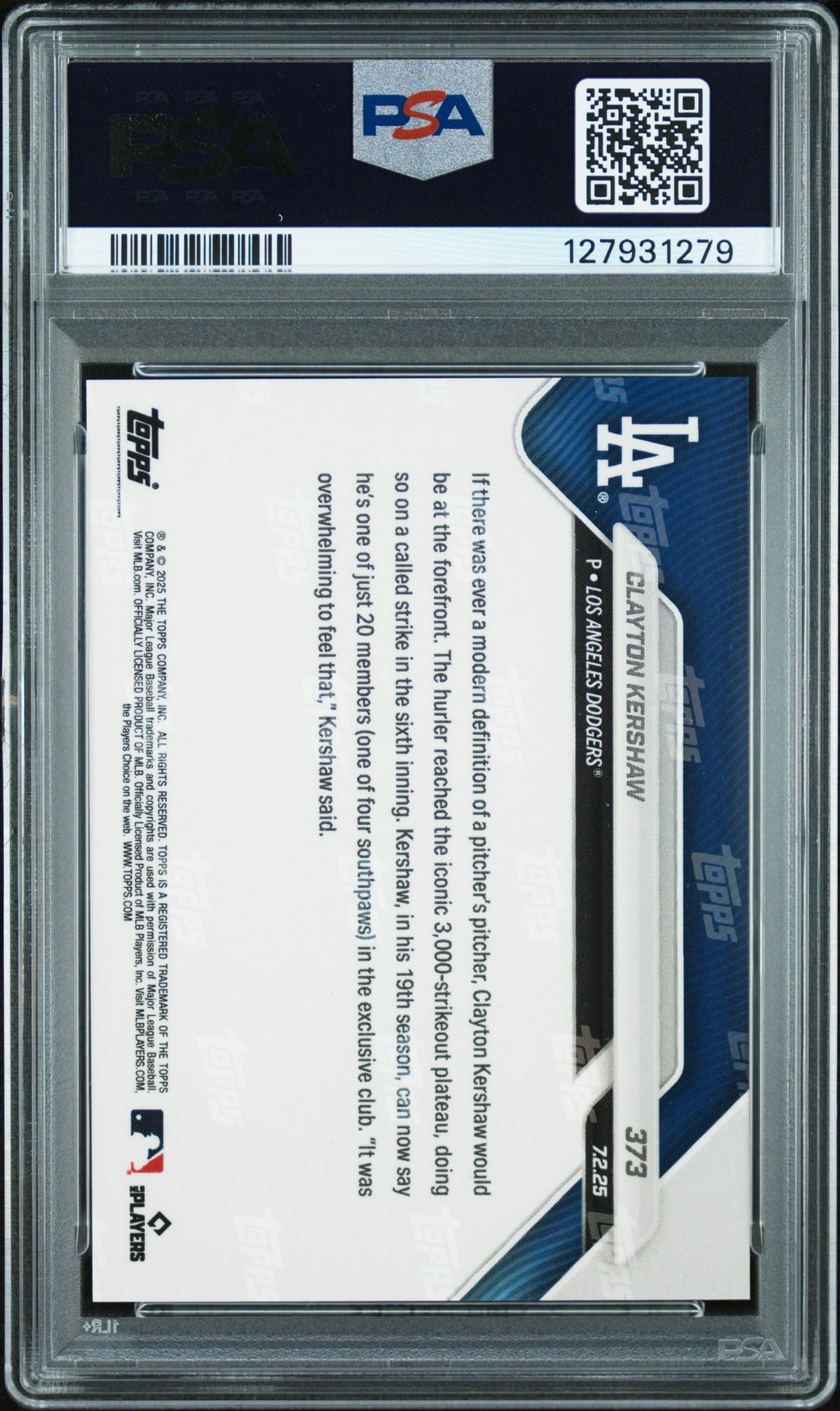Graded 2025 Topps Now Clayton Kershaw #373 Baseball Card PSA 9 Mint
