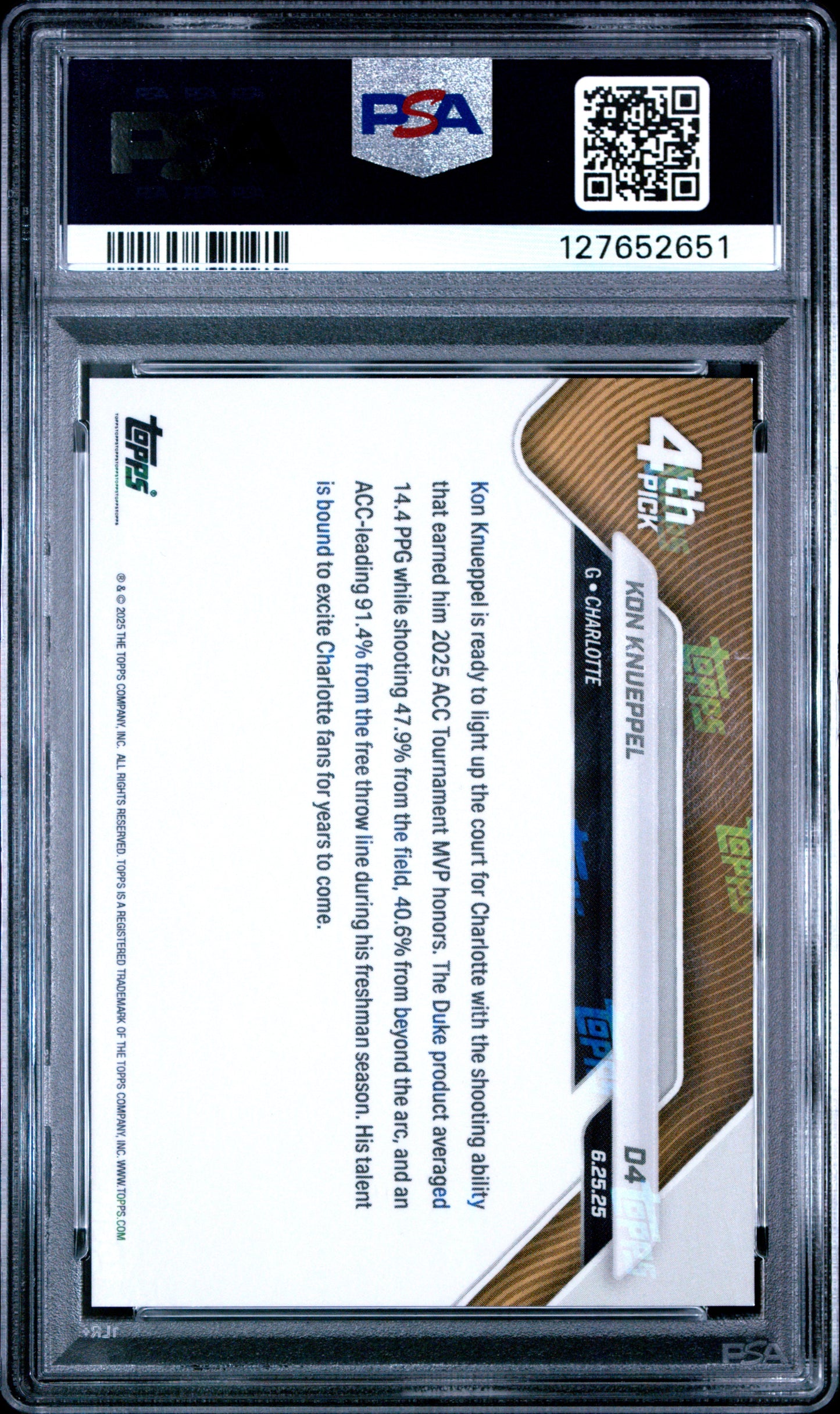 Graded 2025 Topps Now Kon Knueppel #D4 Draft Rookie RC Basketball Card PSA 10 Gem Mint
