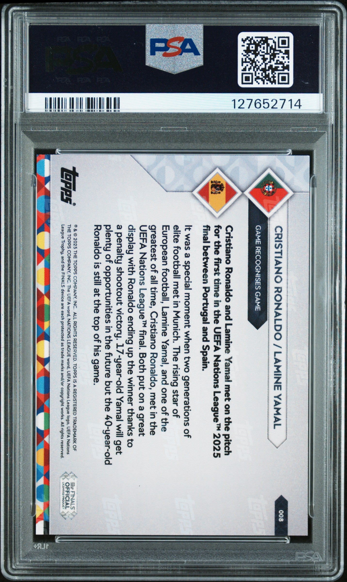 Graded 2025 Topps Now UEFA Nations League Cristiano Ronaldo/Lamine Yamal #8 Soccer Card PSA 9 Mint