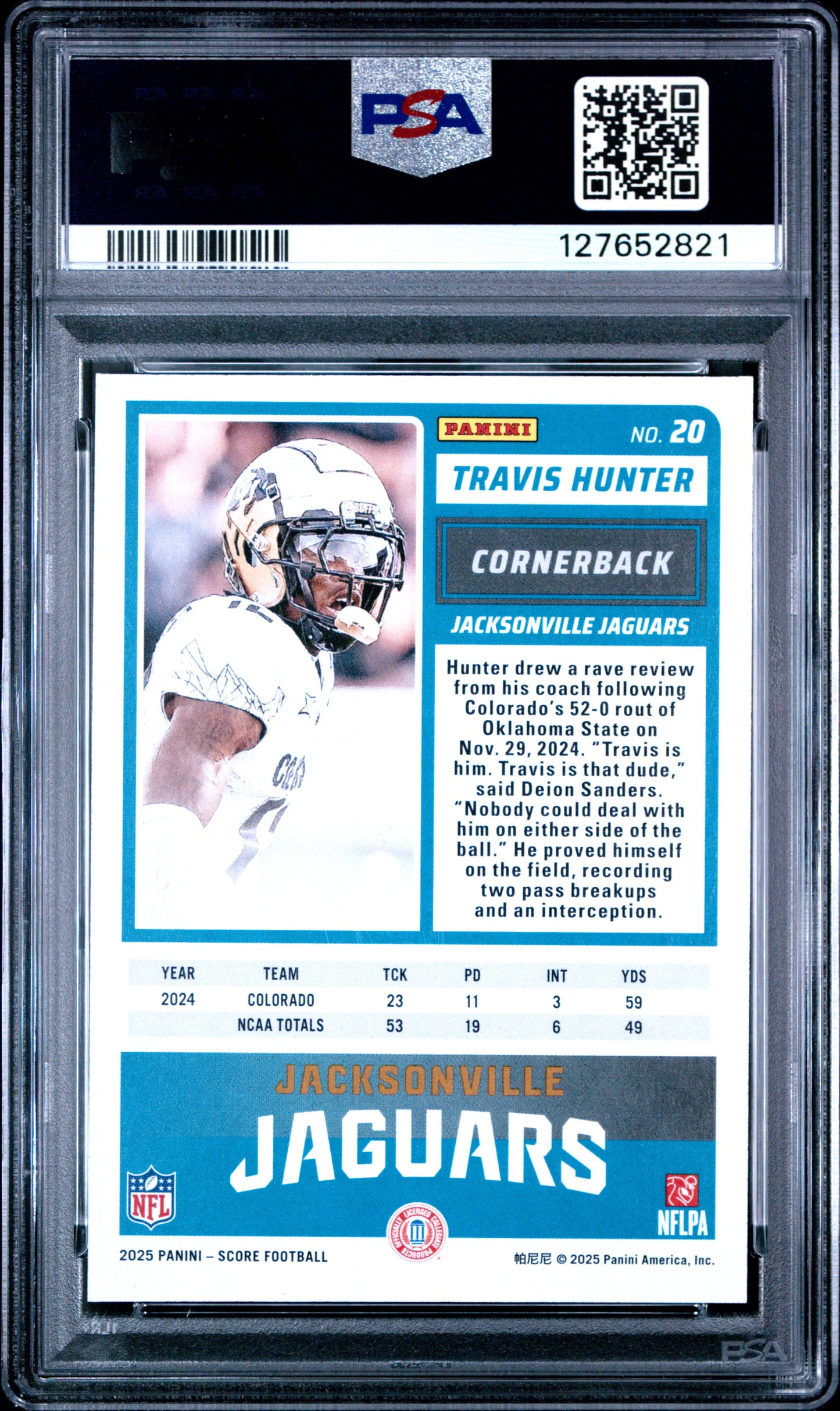 Graded 2025 Score Travis Hunter #20 Rookie RC Football Card PSA 9 Mint