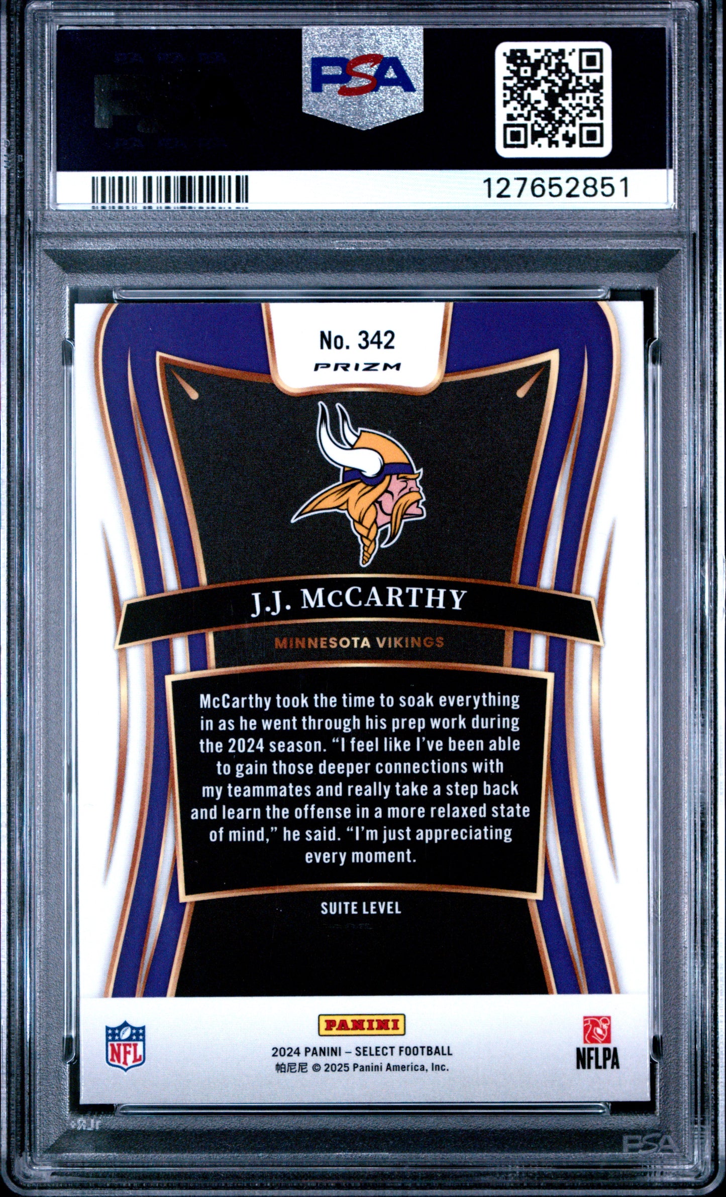 Graded 2024 Panini Select JJ McCarthy #342 Silver Prizm Rookie RC Football Card PSA 9 Mint