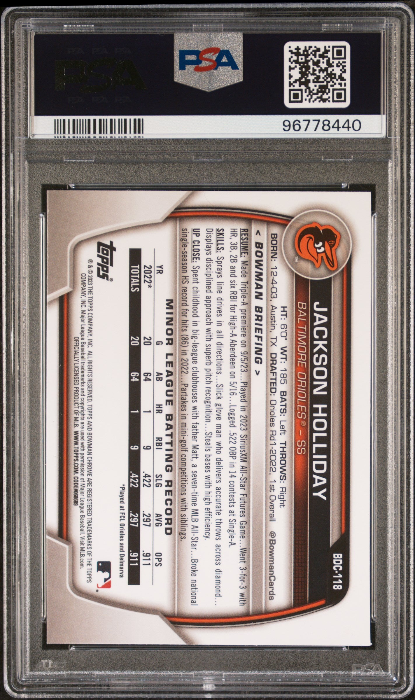 Graded 2023 Topps Bowman Draft S/E Jackson Holliday #BDC118 Rookie RC Baseball Card PSA 10 Gem Mint