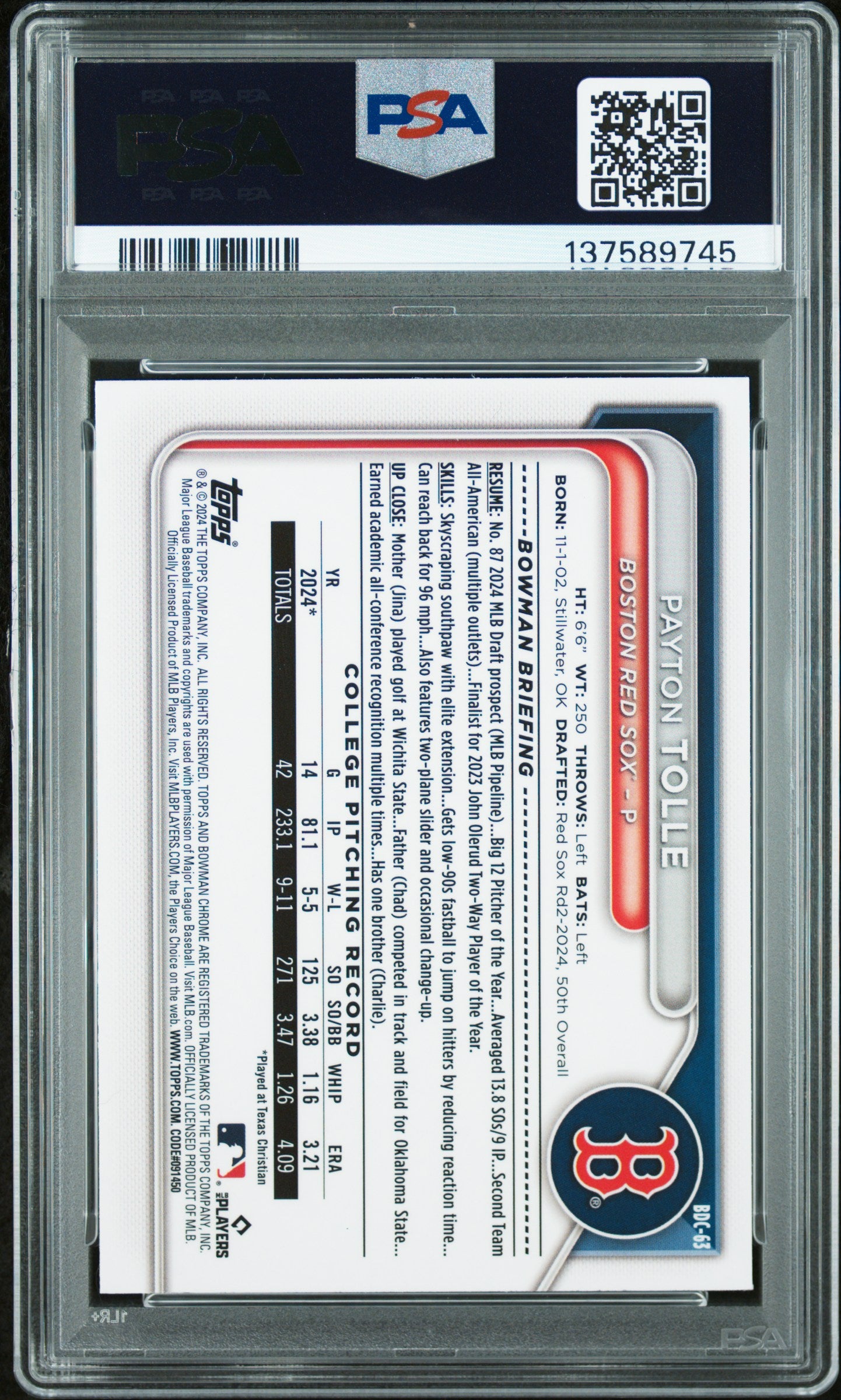 Graded 2024 Topps Bowman Draft Payton Tolle #BDC-63 Chrome Rookie RC Baseball Card PSA 9 Mint