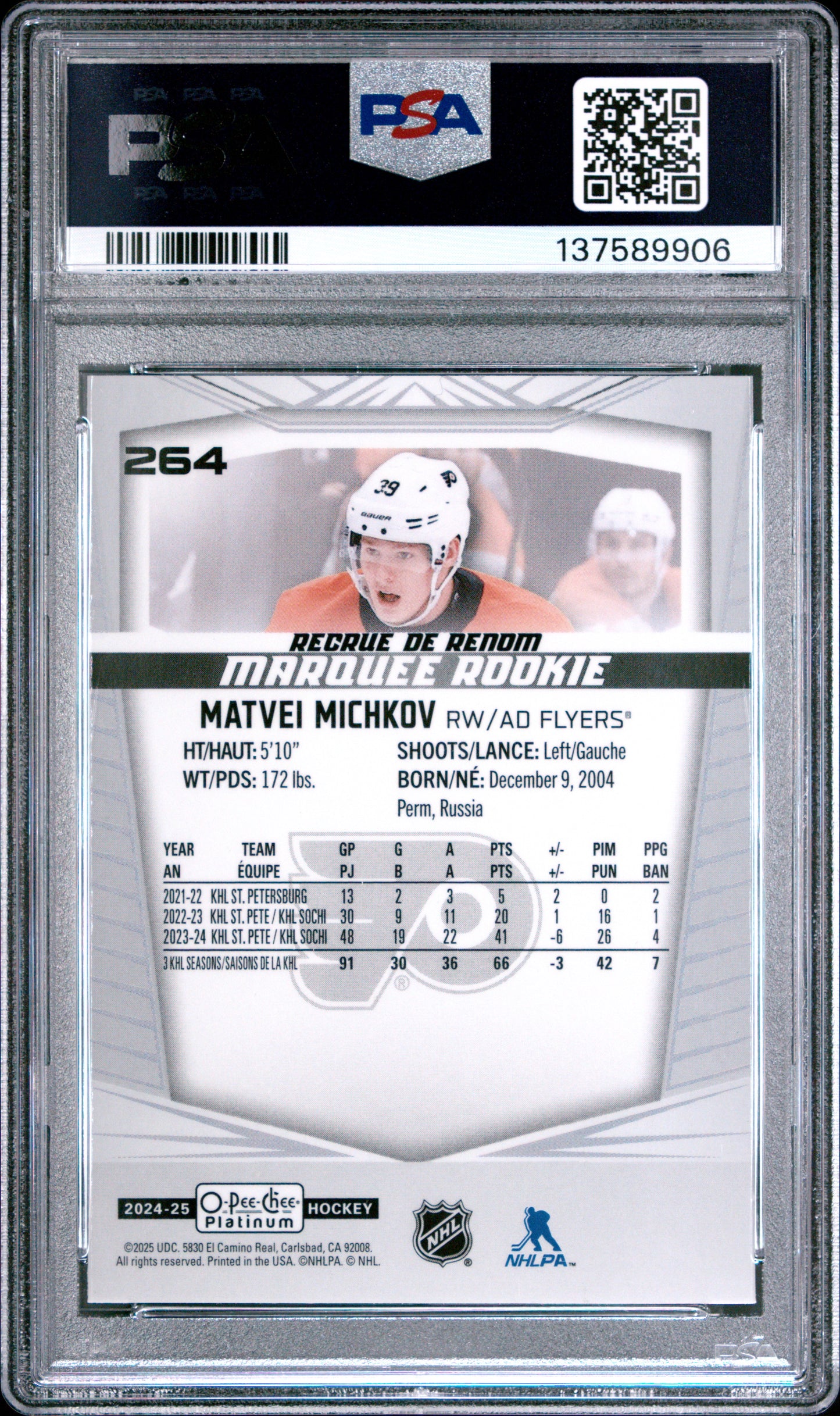 Graded 2024 O-Pee-Chee Platinum Matvei Michkov #264 Rookie RC Hockey Card PSA 9 Mint