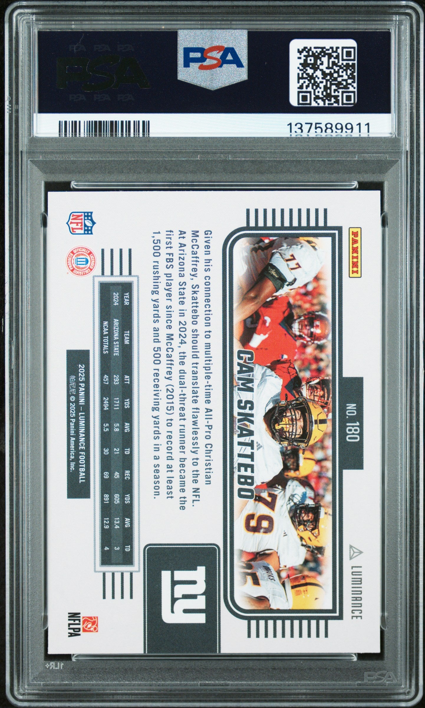 Graded 2025 Panini Luminance Cam Skattebo #180 Rookie RC Football Card PSA 9 Mint