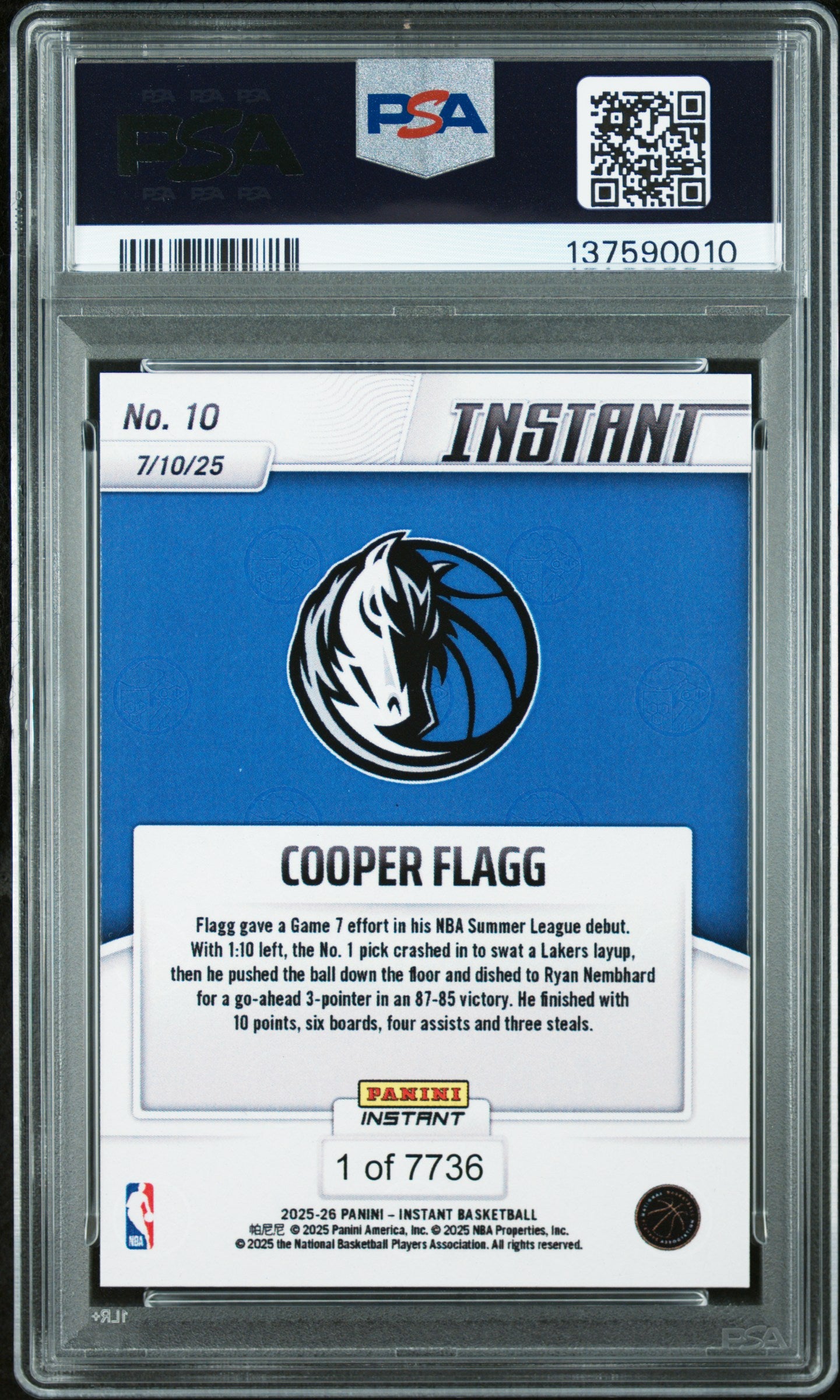 Graded 2025 Panini Instant Cooper Flagg #10 Rookie RC Basketball Card PSA 10 Gem Mint