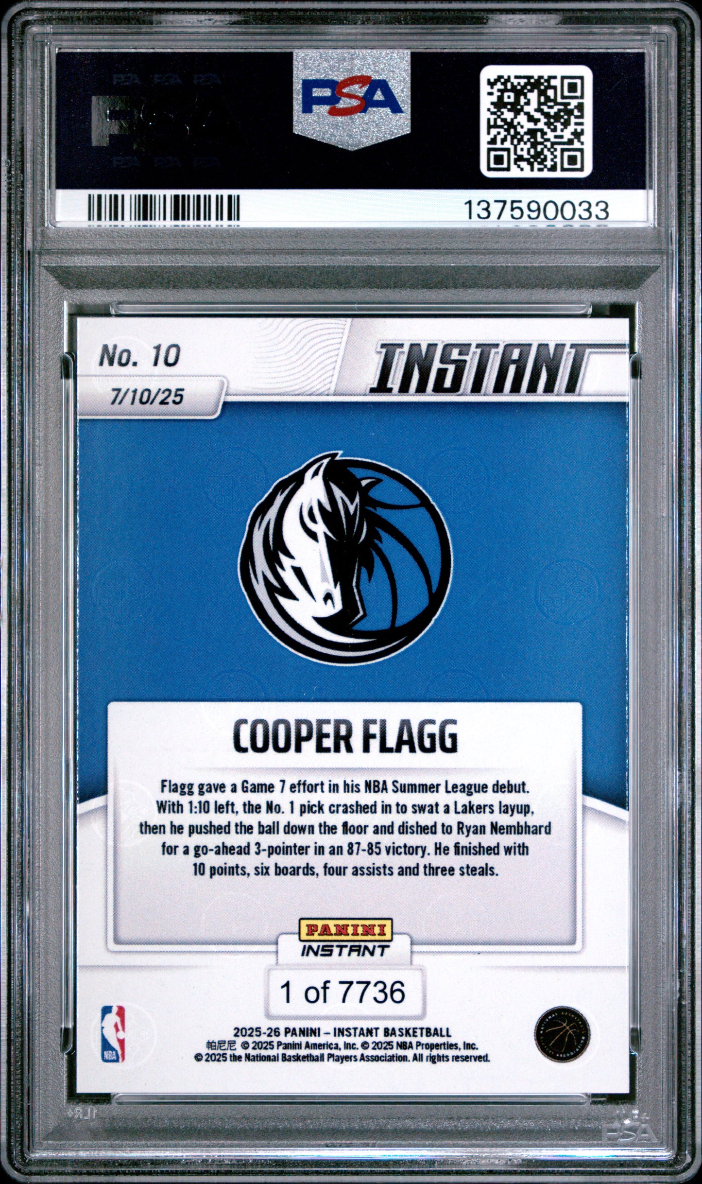 Graded 2025 Panini Instant Cooper Flagg #10 Rookie RC Basketball Card PSA 9 Mint