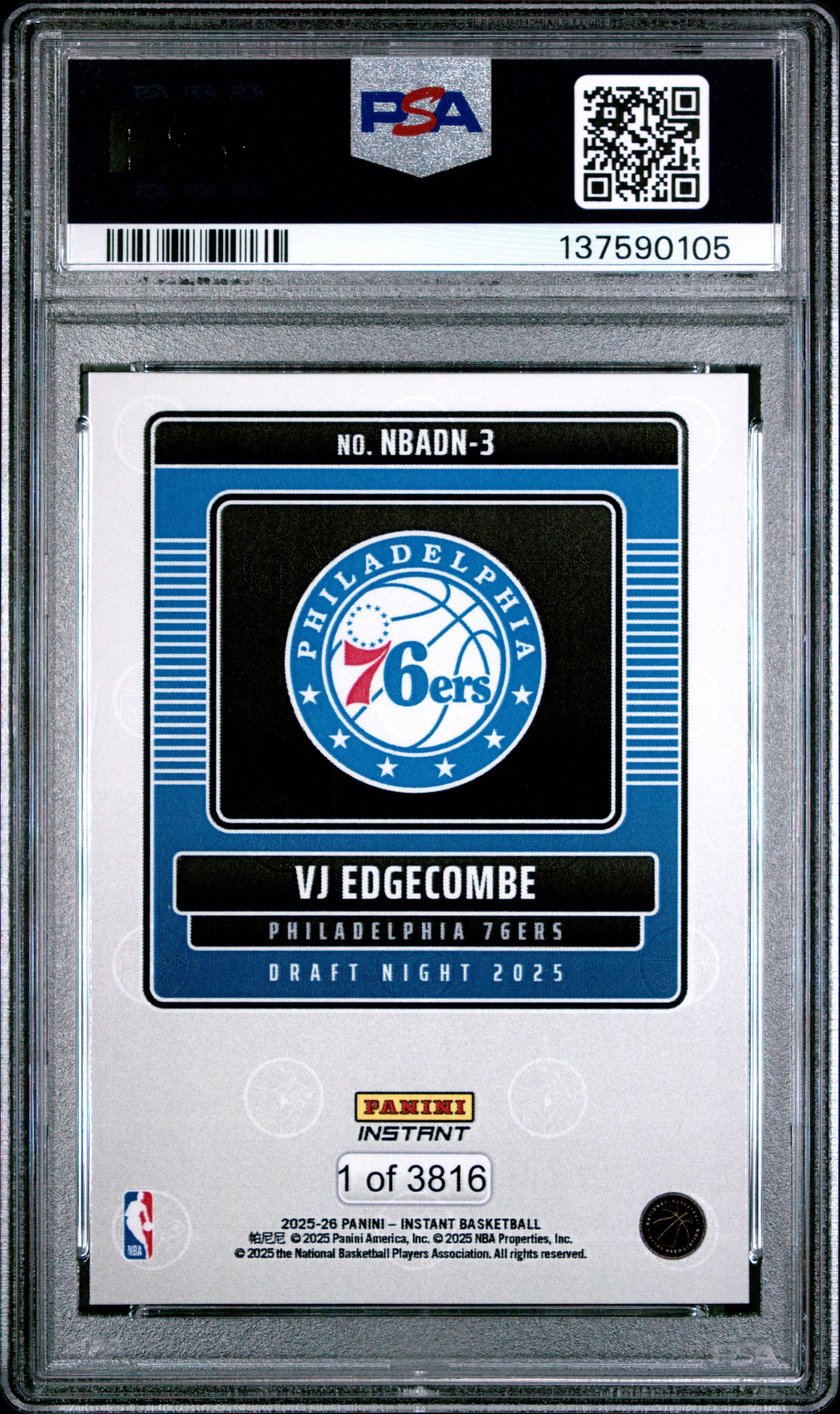 Graded 2025 Panini Instant VJ Edgecombe #3 Draft Night Rookie RC Basketball Card PSA 8 Near Mint