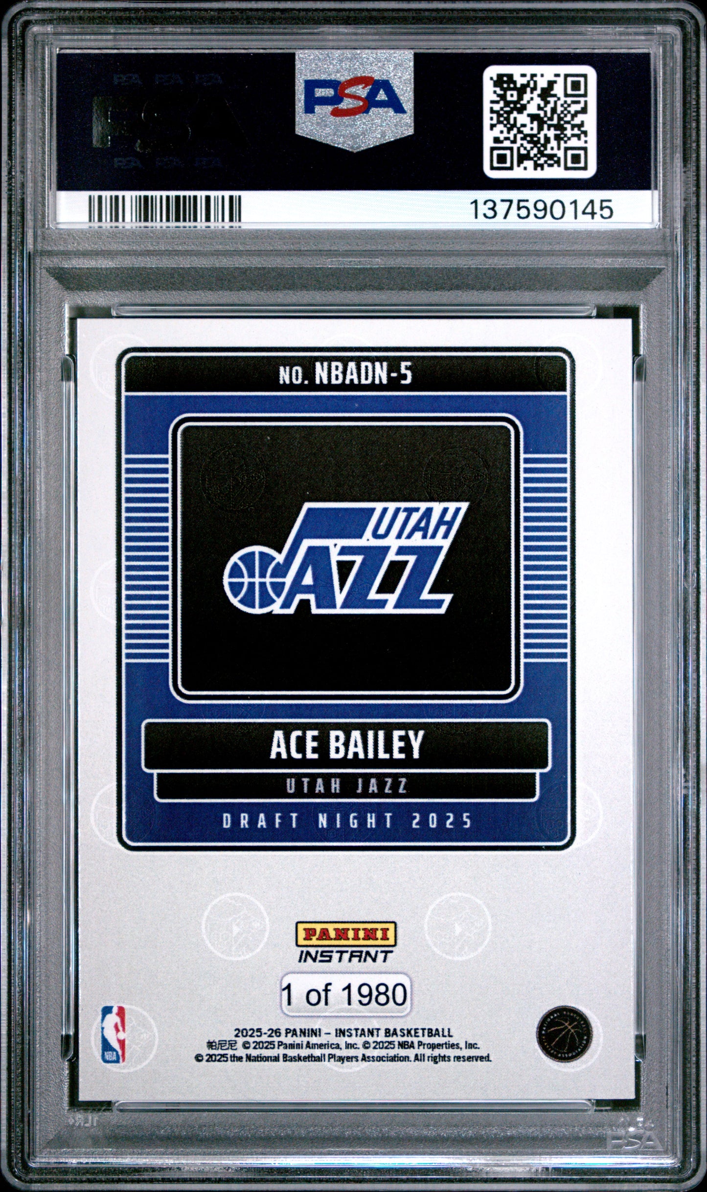 Graded 2025 Panini Instant Ace Bailey #5 Draft Night Rookie RC Basketball Card PSA 7 Near Mint