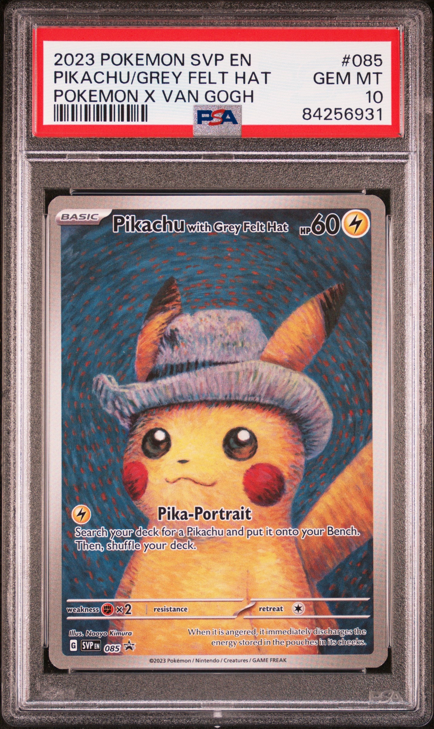 Graded 2023 PKM SVP EN-SV Black Star Promo Pikachu #085 Grey Felt Hat X Vincent Van Gogh Trading Card Game PSA 10 Gem Mint