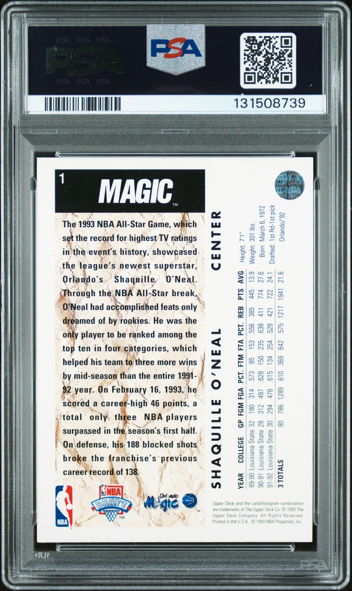 Graded 1992-93 Upper Deck Shaquille O'Neal #1 Rookie RC Basketball Card PSA 9 Auto Grade Mint
